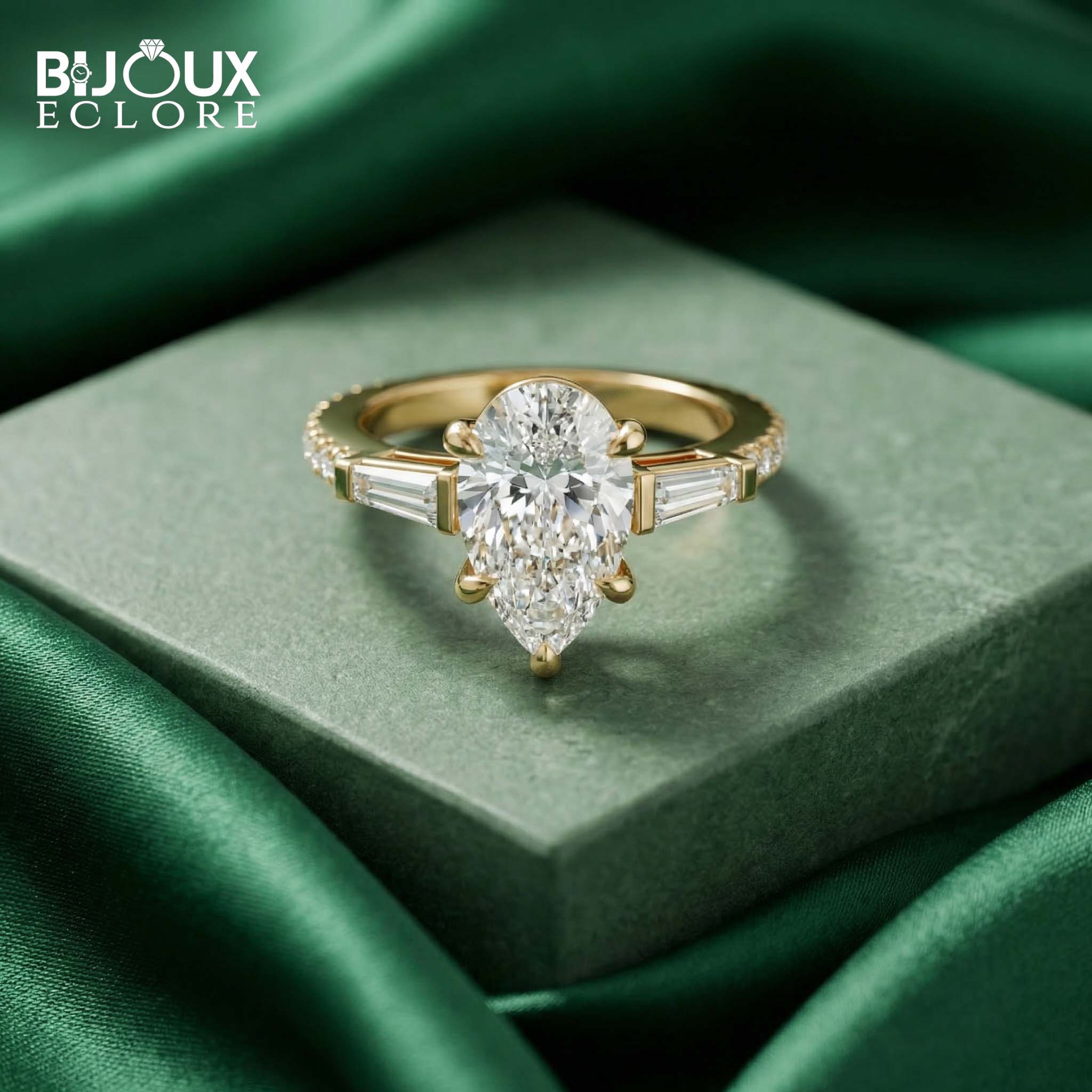 Luxury Pear Cut Diamond Ring with Tapered Baguette Side Stones in Polished Gold - Bijoux Eclore