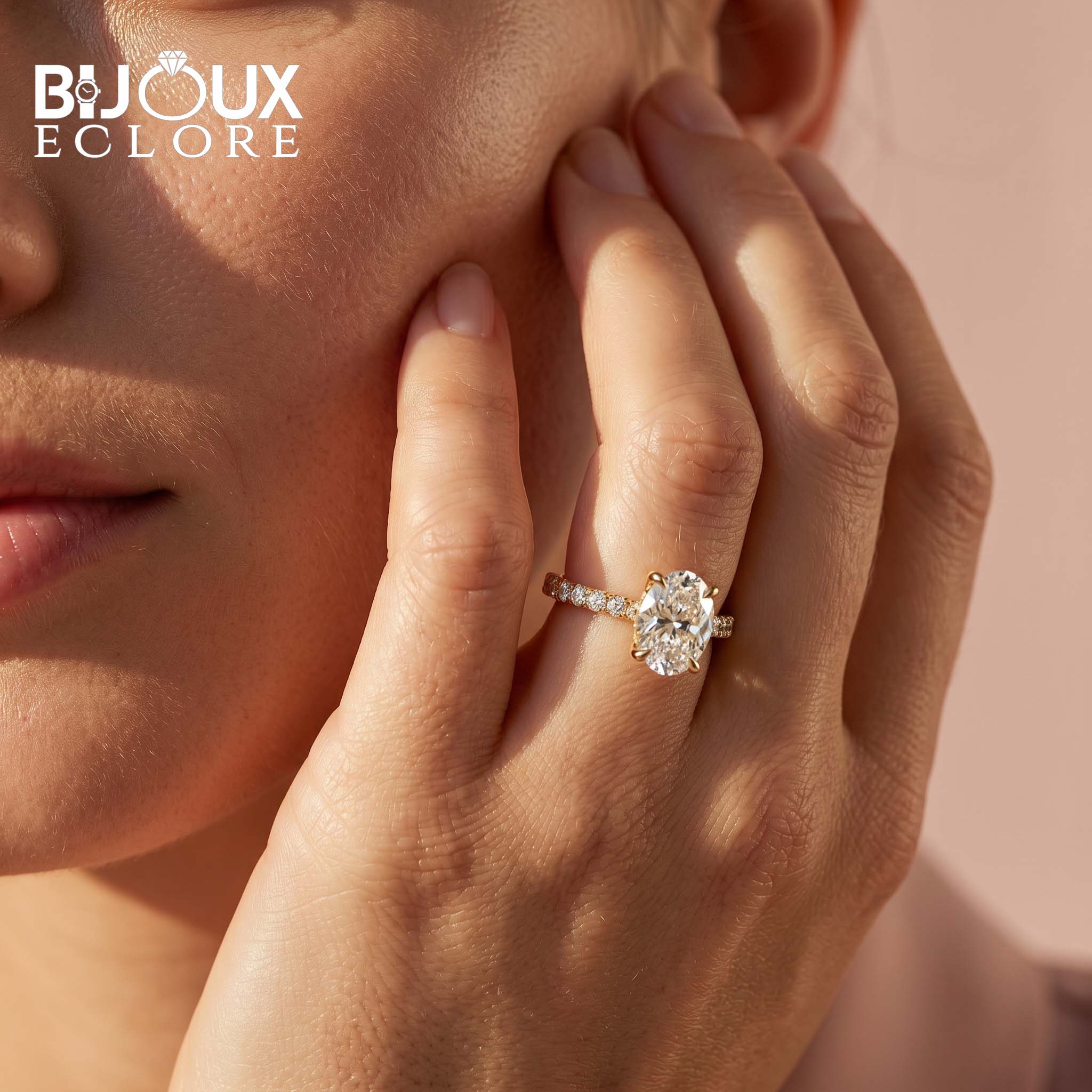 Palais Lumière Oval Diamond Engagement Ring with Delicate Diamond-Accented Shank - Bijoux Eclore