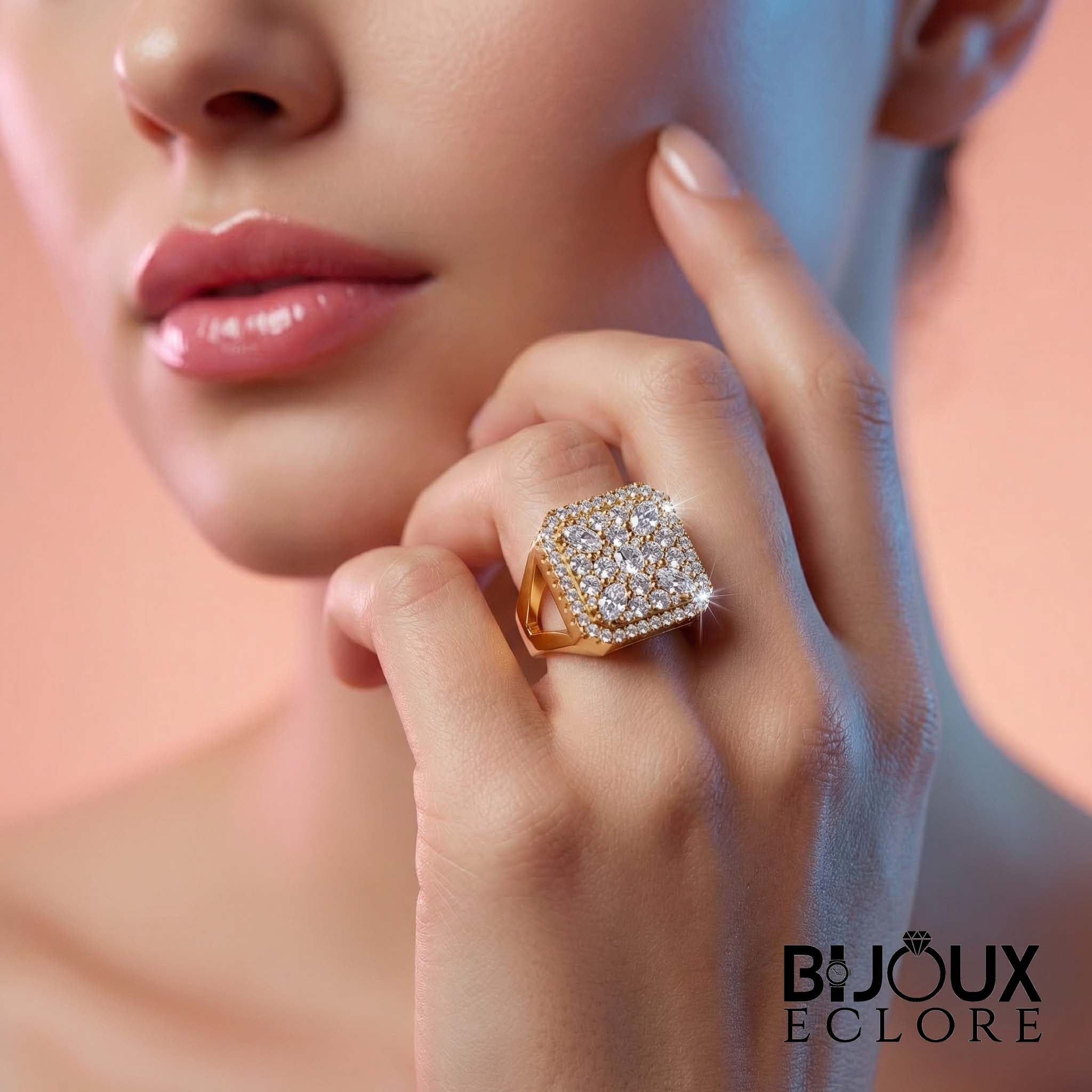 High Luxury Gold Statement Ring with Square Diamond Cluster Top and Sparkling Halo Frame - Bijoux Eclore