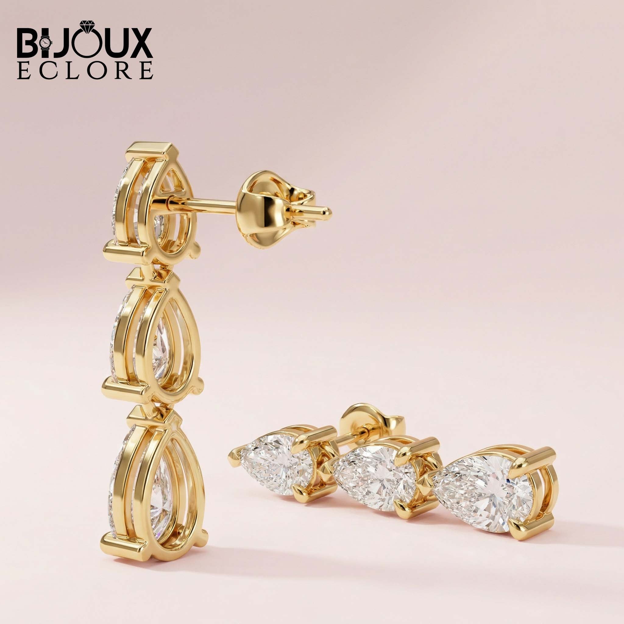 Vertical Masterpiece Featuring Three Stacked Pear-Cut Brilliance Stones in a Seamless Prong Setting Earrings - Bijoux Eclore