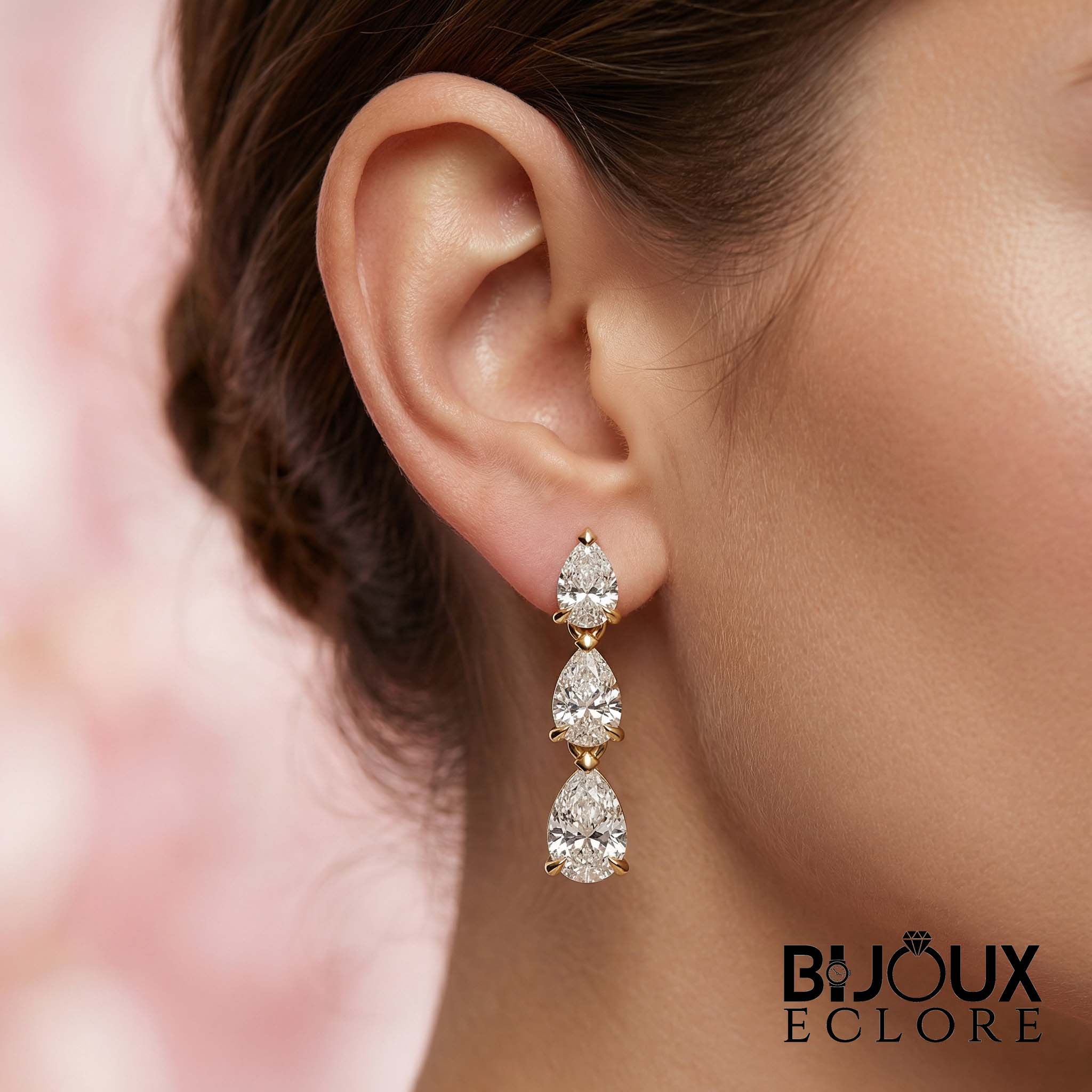 Vertical Masterpiece Featuring Three Stacked Pear-Cut Brilliance Stones in a Seamless Prong Setting Earrings - Bijoux Eclore