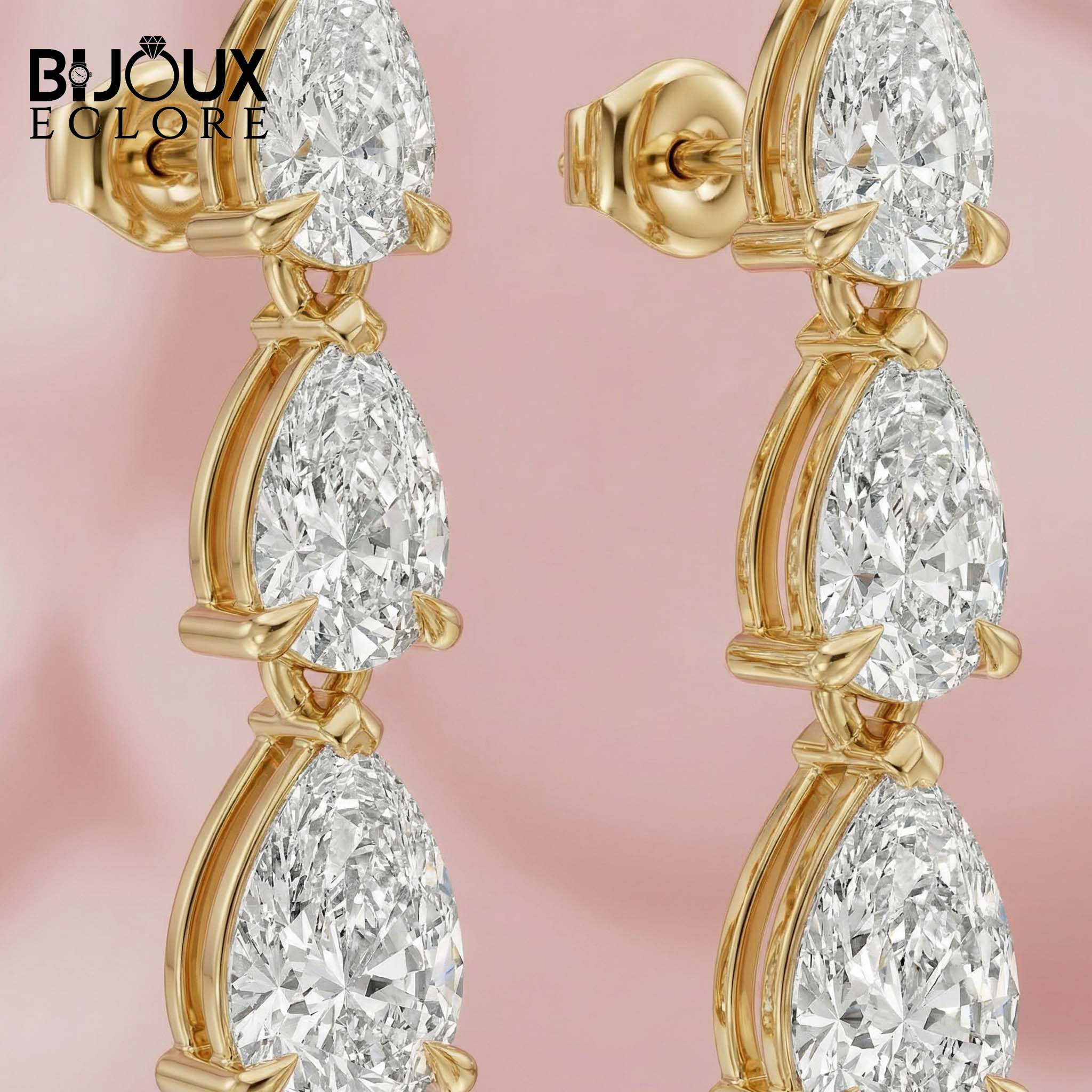 Vertical Masterpiece Featuring Three Stacked Pear-Cut Brilliance Stones in a Seamless Prong Setting Earrings - Bijoux Eclore