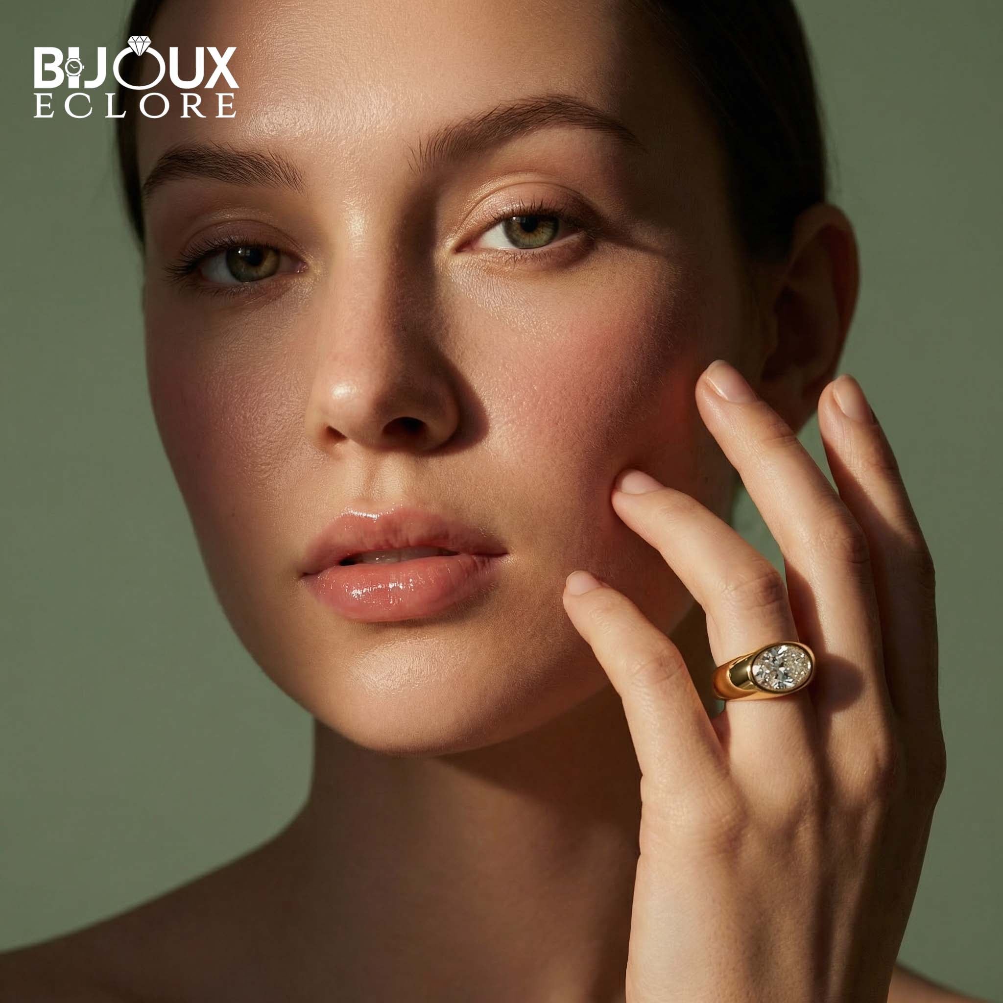 Luxury Minimalist Gold Ring with Bold Band and Oval Center Diamond - Bijoux Eclore