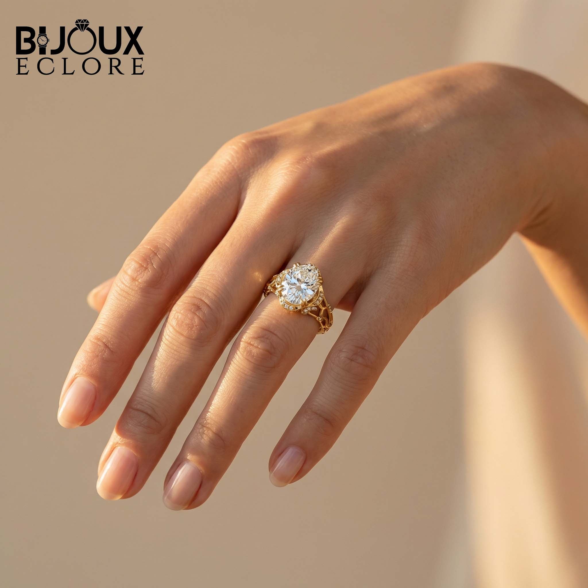 Large Round Cut Diamond Solitaire Ring with Pavé Side Diamonds in Polished Gold Ring - Bijoux Eclore