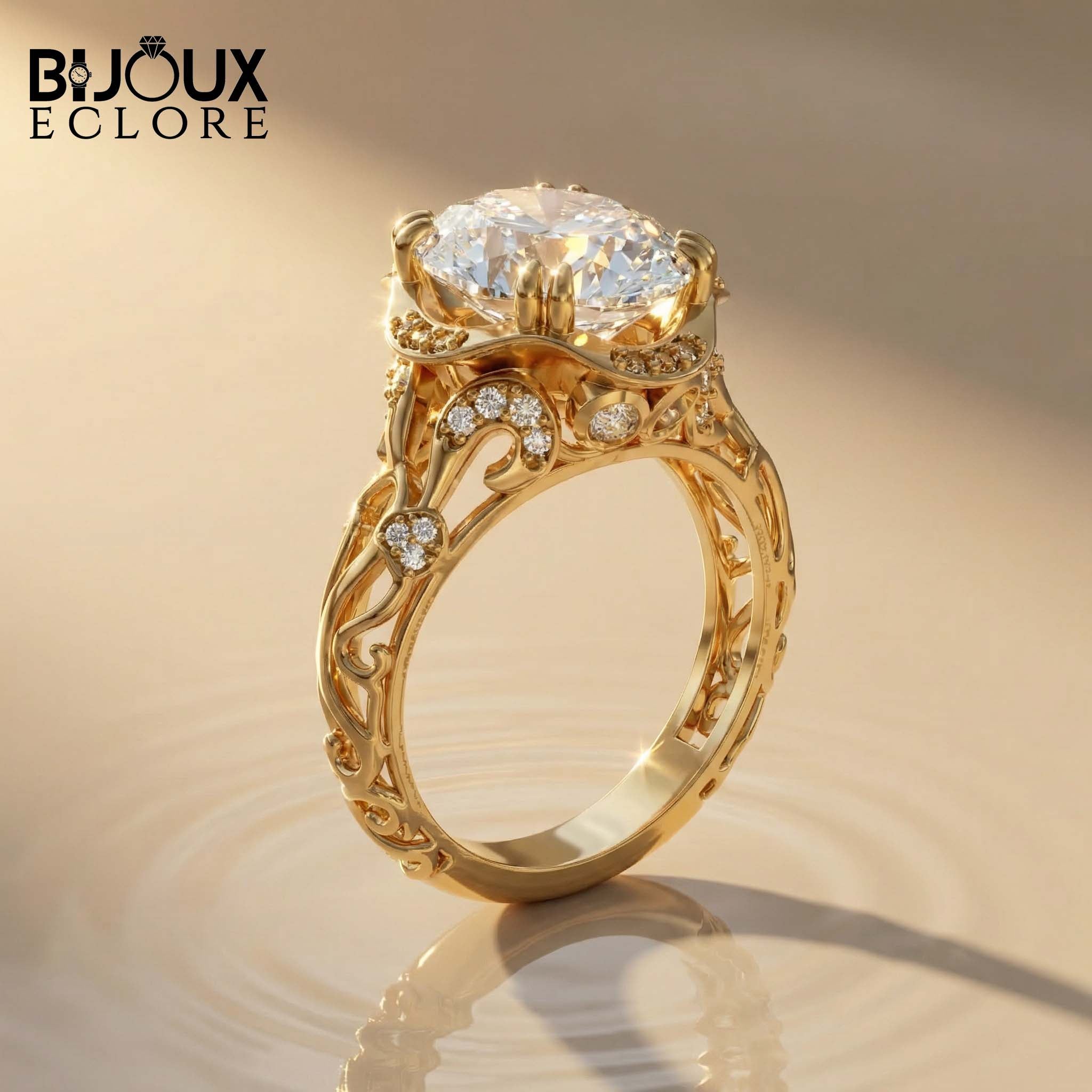 Large Round Cut Diamond Solitaire Ring with Pavé Side Diamonds in Polished Gold Ring - Bijoux Eclore