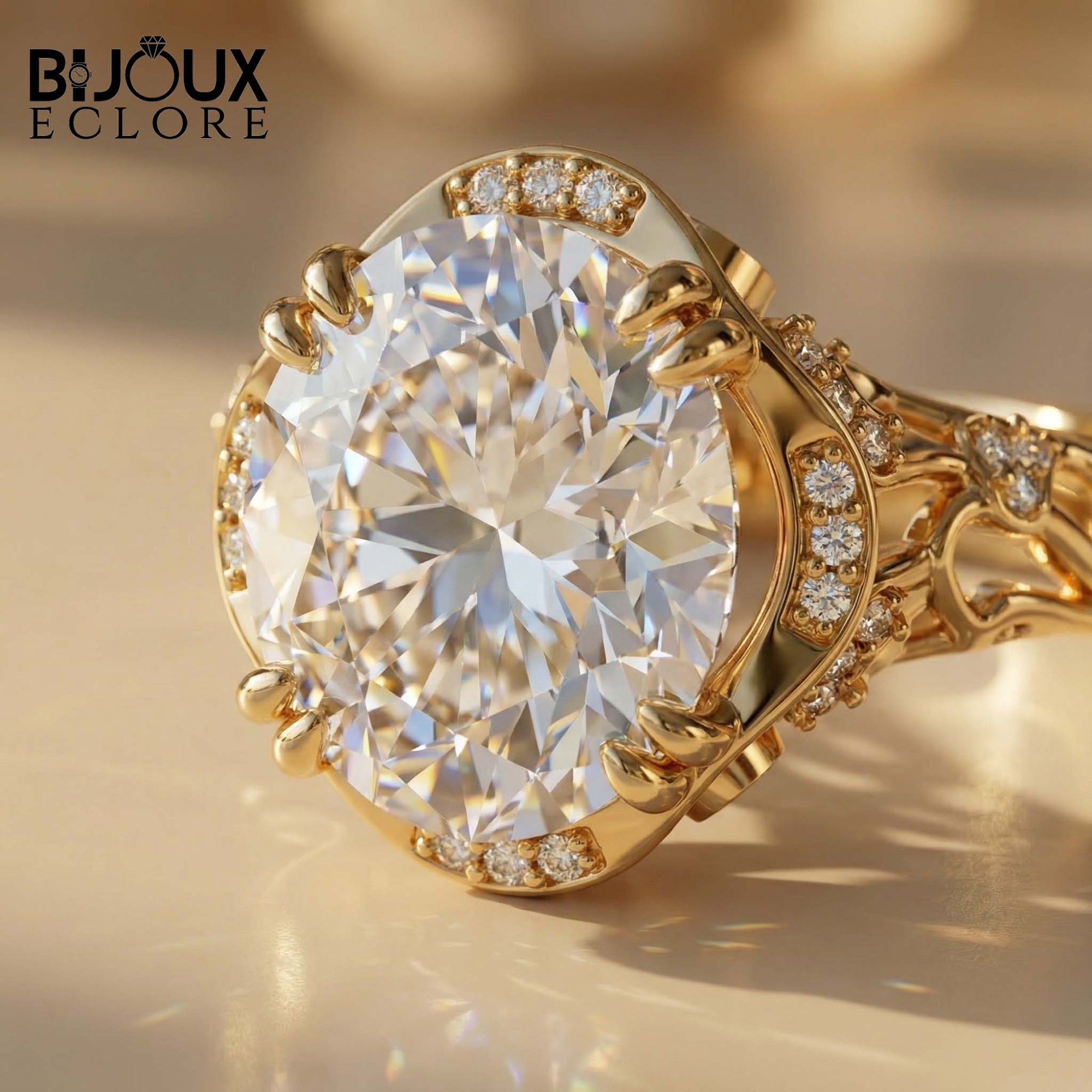 Large Round Cut Diamond Solitaire Ring with Pavé Side Diamonds in Polished Gold Ring - Bijoux Eclore
