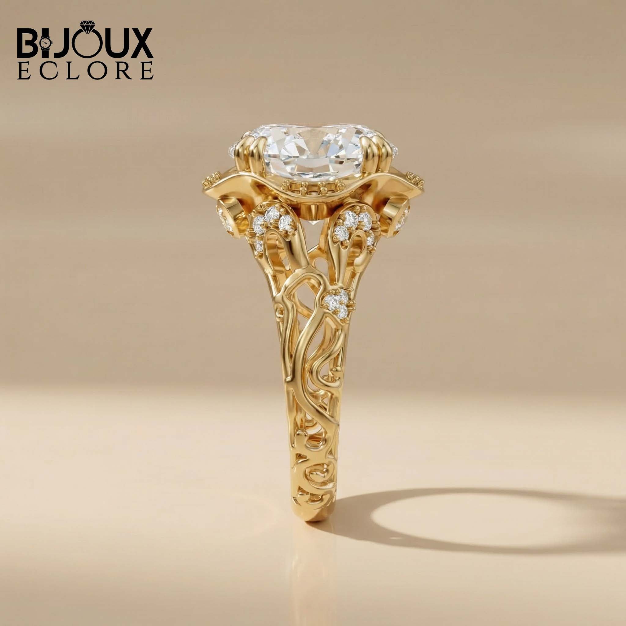 Large Round Cut Diamond Solitaire Ring with Pavé Side Diamonds in Polished Gold Ring - Bijoux Eclore