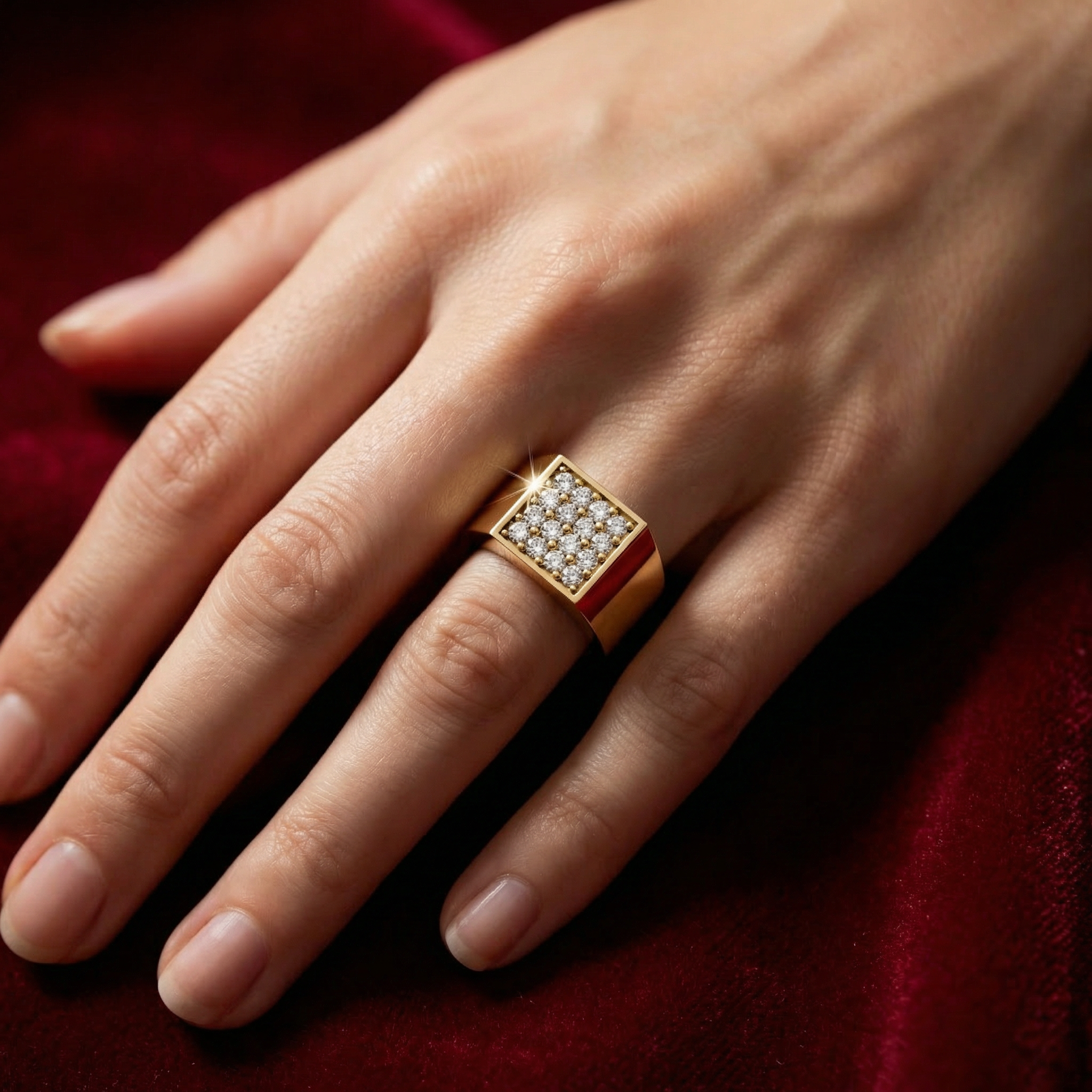 Premium Gold Ring with Diamond Cluster – Bold Square Signet Style - Bijoux Eclore