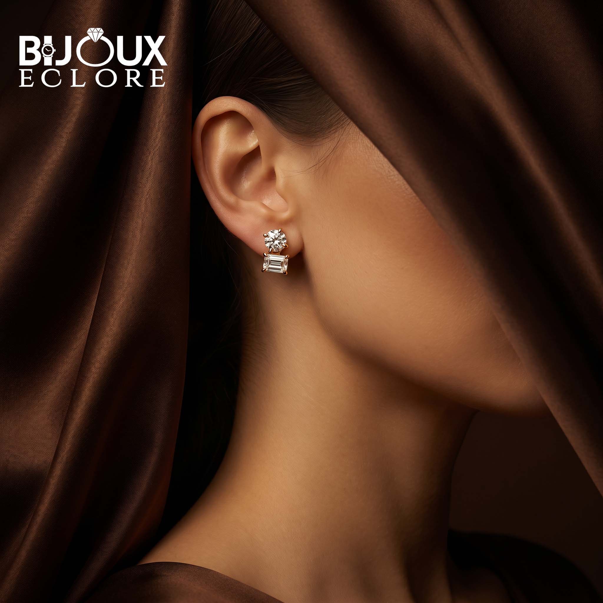 Round and Rectangular Diamond Earrings in Warm Gold - Bijoux Eclore