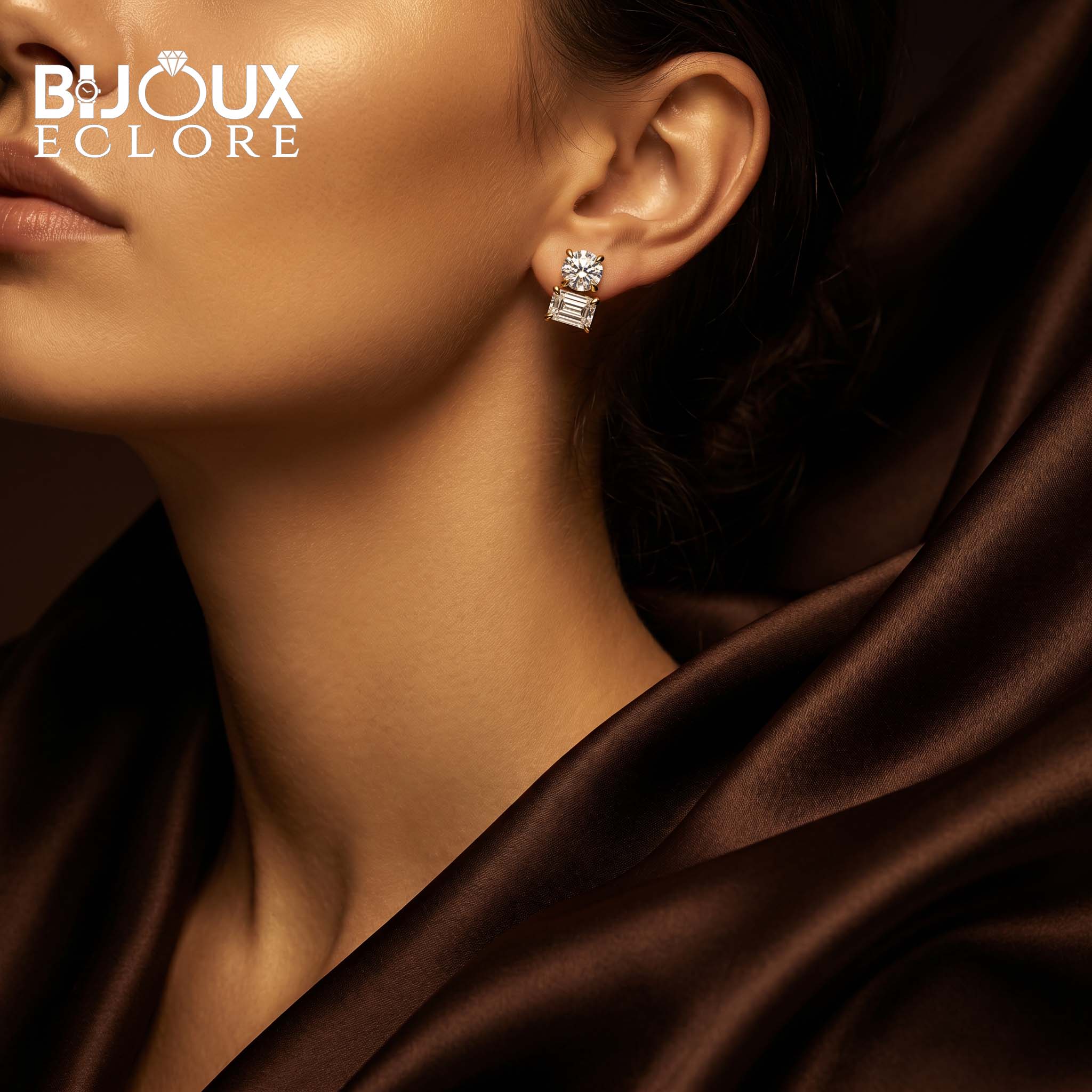 Round and Rectangular Diamond Earrings in Warm Gold - Bijoux Eclore