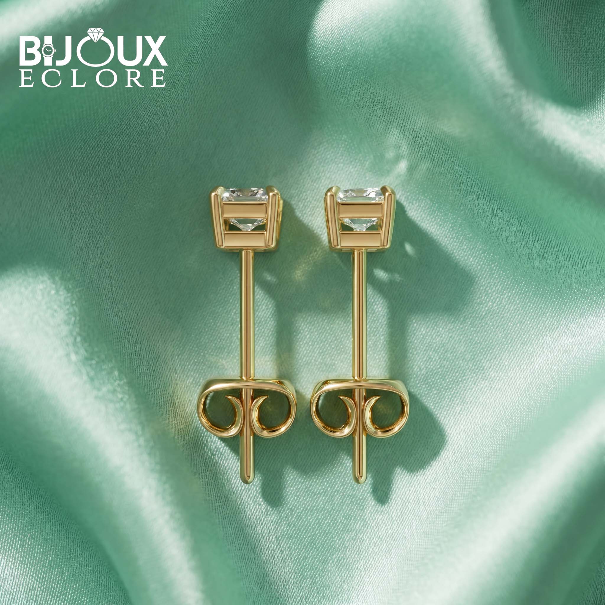 Yellow Gold Emerald Cut Stud Earrings with Clean Geometric Style - Bijoux Eclore