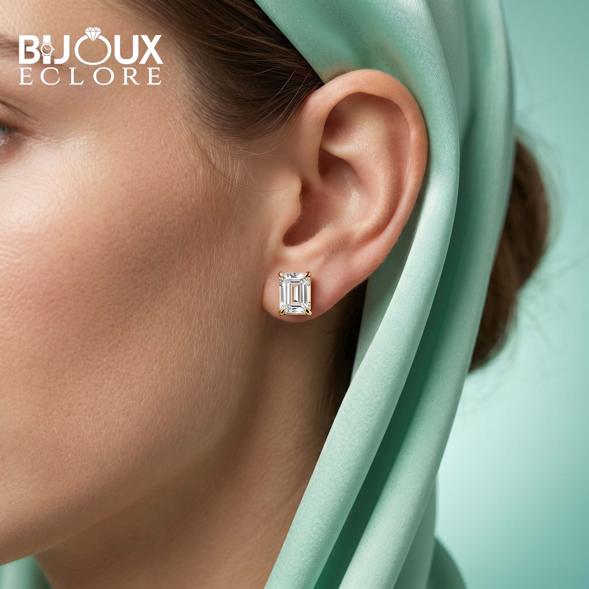Yellow Gold Emerald Cut Stud Earrings with Clean Geometric Style - Bijoux Eclore