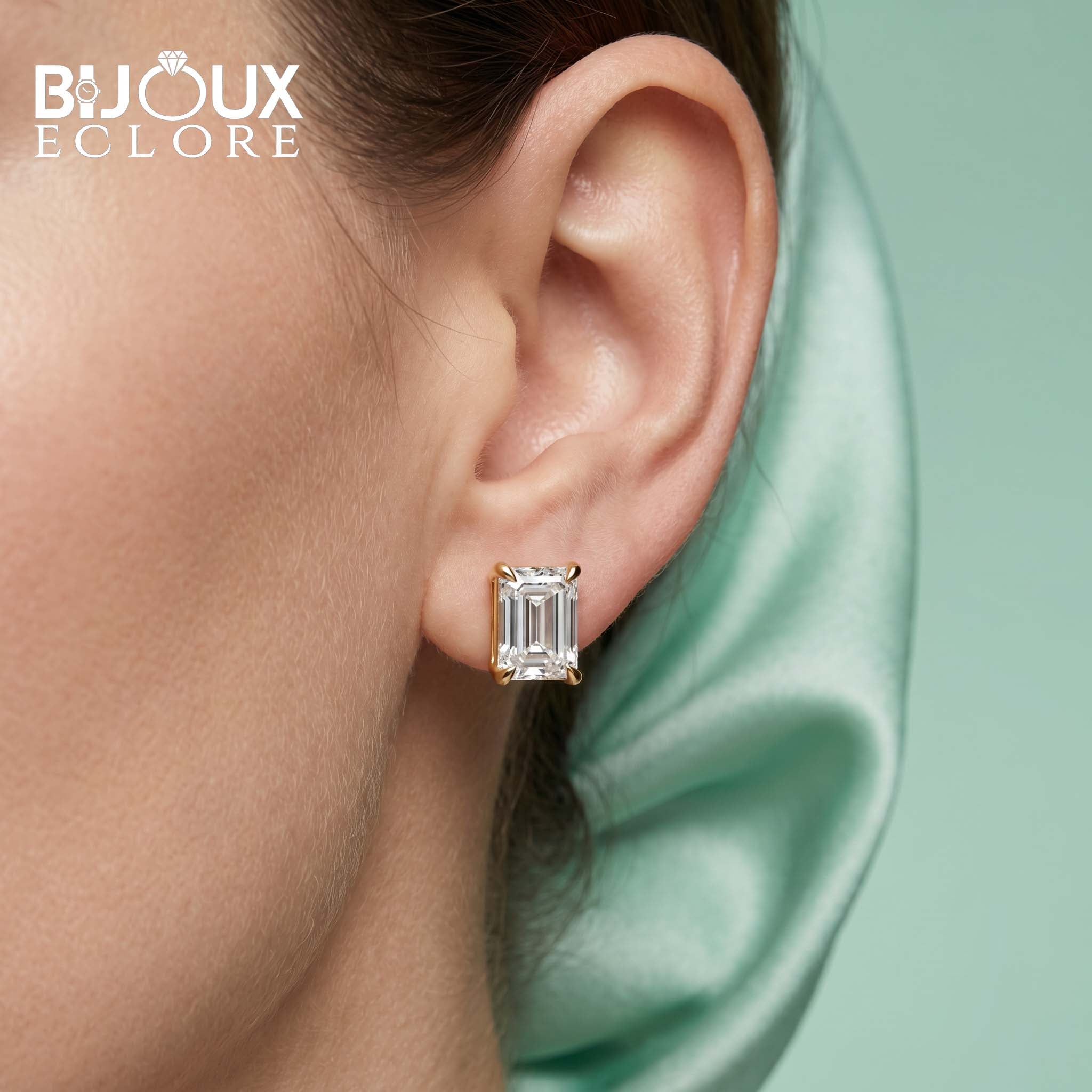 Yellow Gold Emerald Cut Stud Earrings with Clean Geometric Style - Bijoux Eclore