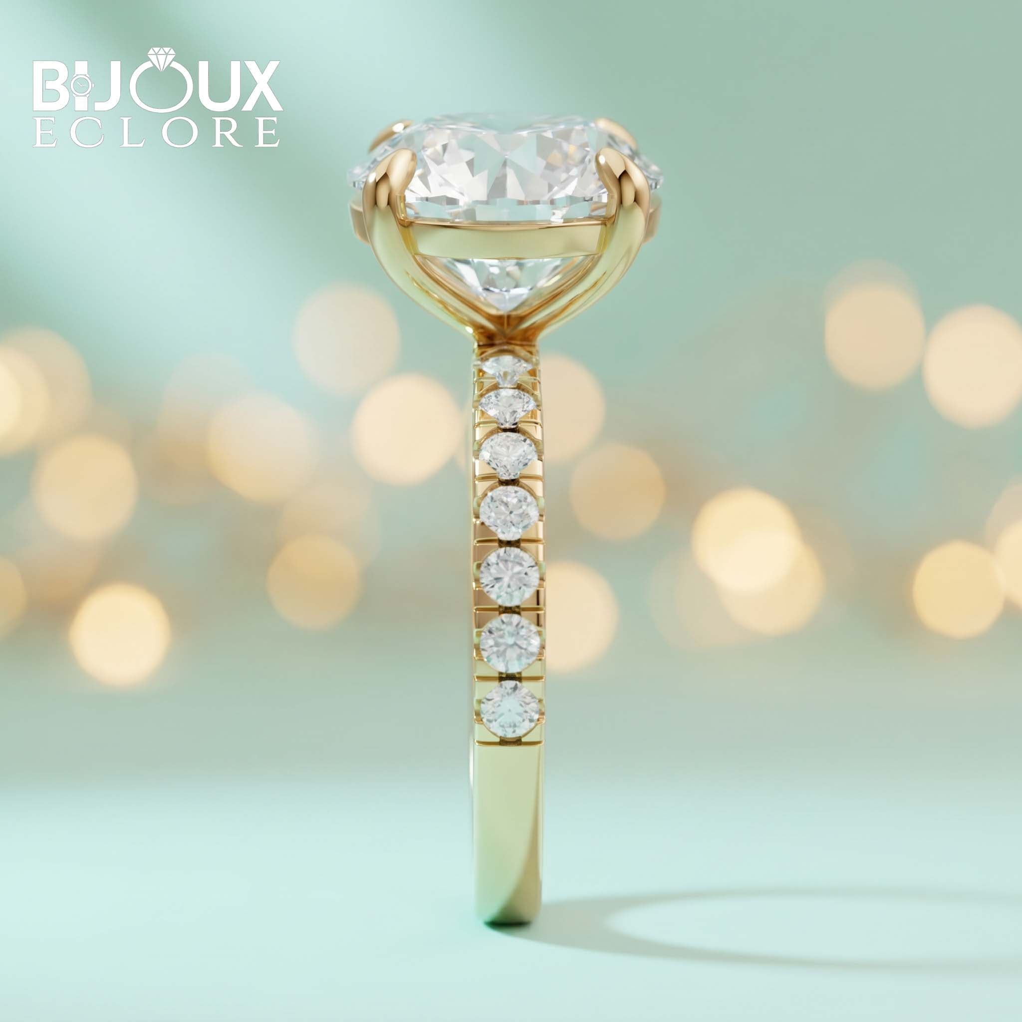 Grande Lumière Round Diamond Engagement Ring with Pavé Diamond Band in Polished Gold - Bijoux Eclore