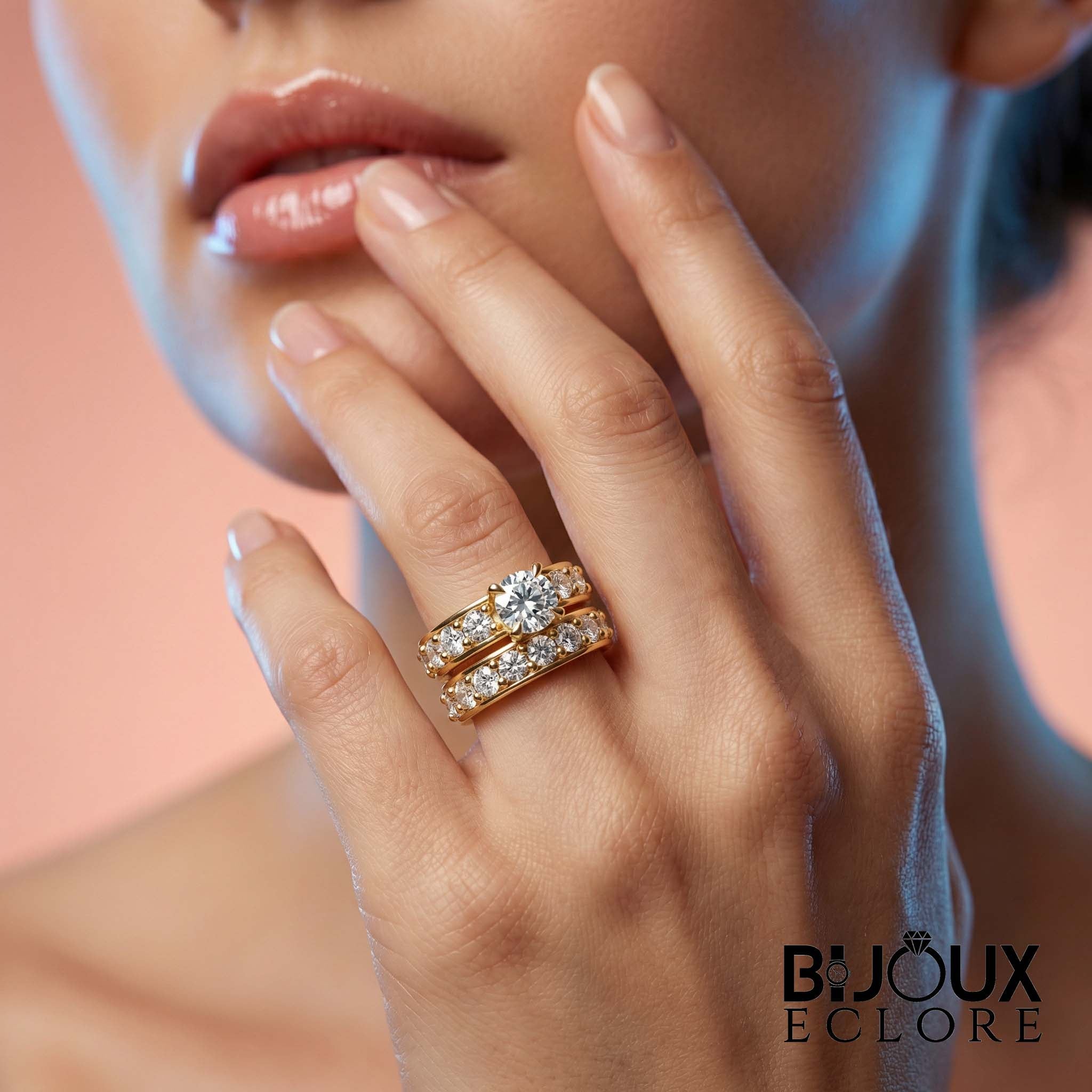 Luxury Gold Bridal Ring Set with Round Cut Solitaire Engagement Ring and Matching Diamond Wedding Band - Bijoux Eclore