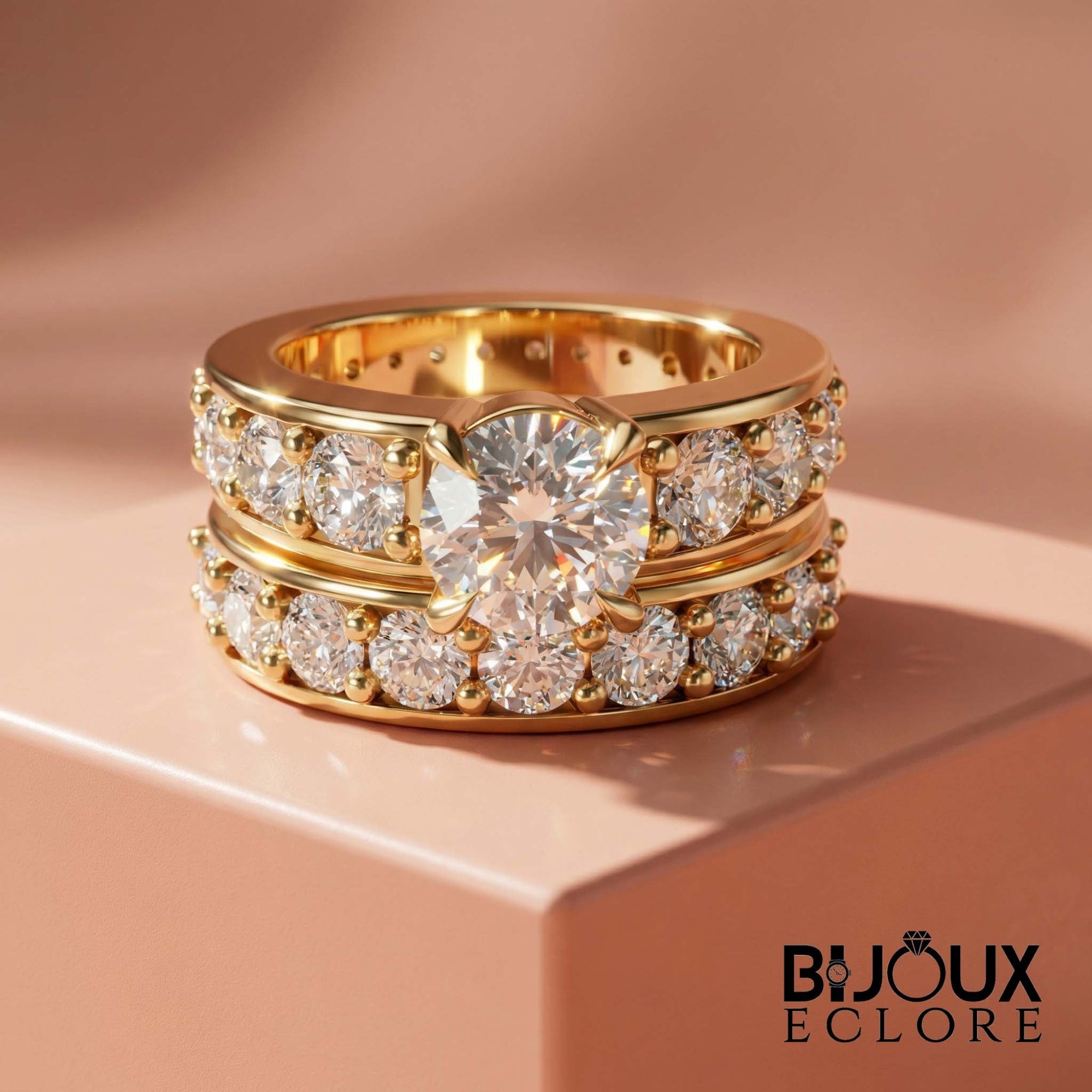 Luxury Gold Bridal Ring Set with Round Cut Solitaire Engagement Ring and Matching Diamond Wedding Band - Bijoux Eclore