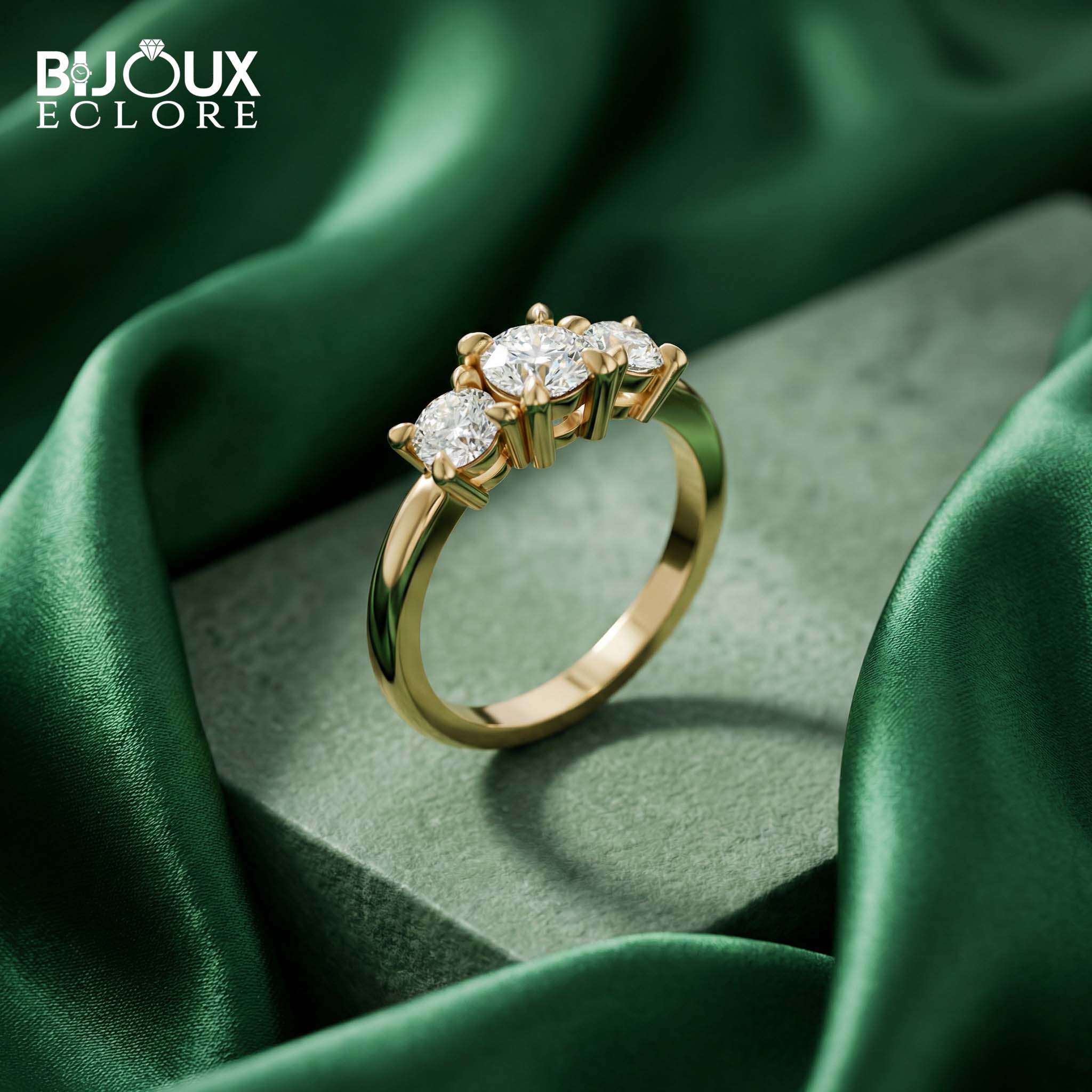 Timeless Three Stone Diamond Ring in a Refined Polished Gold Finish - Bijoux Eclore
