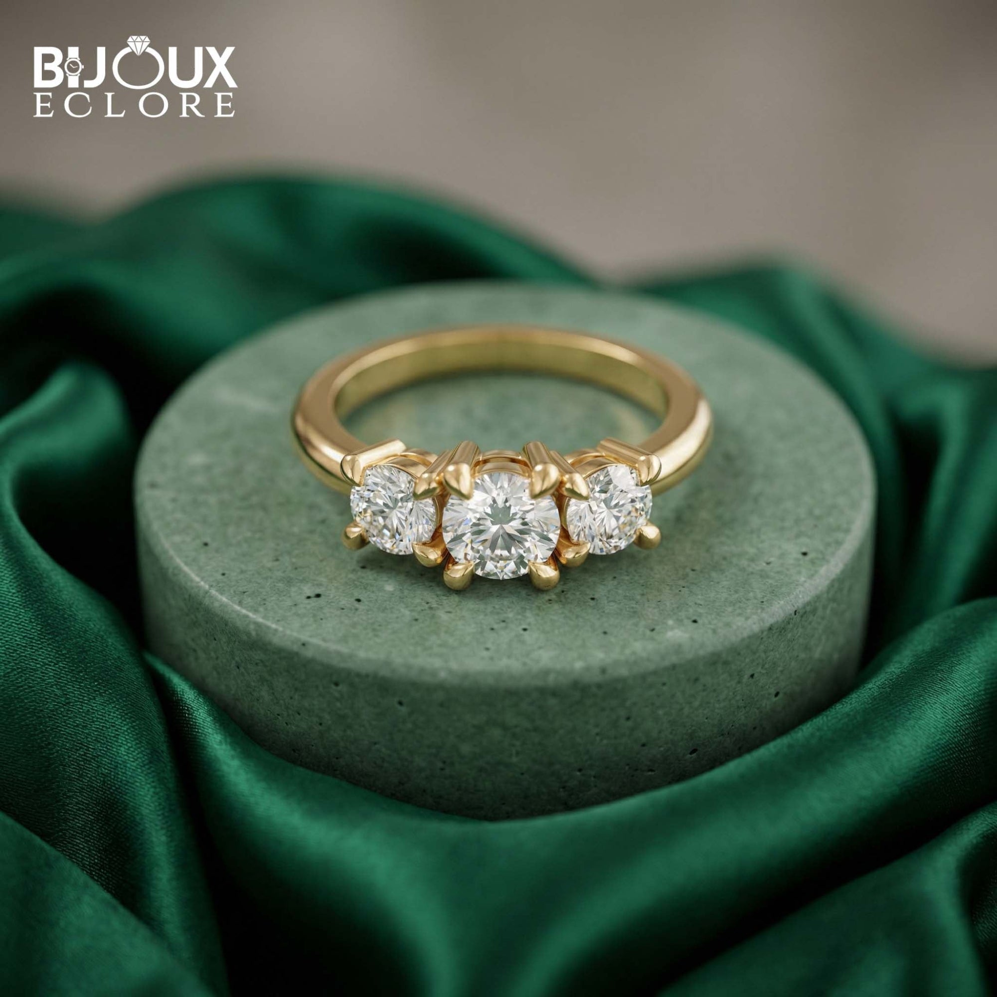 Timeless Three Stone Diamond Ring in a Refined Polished Gold Finish - Bijoux Eclore