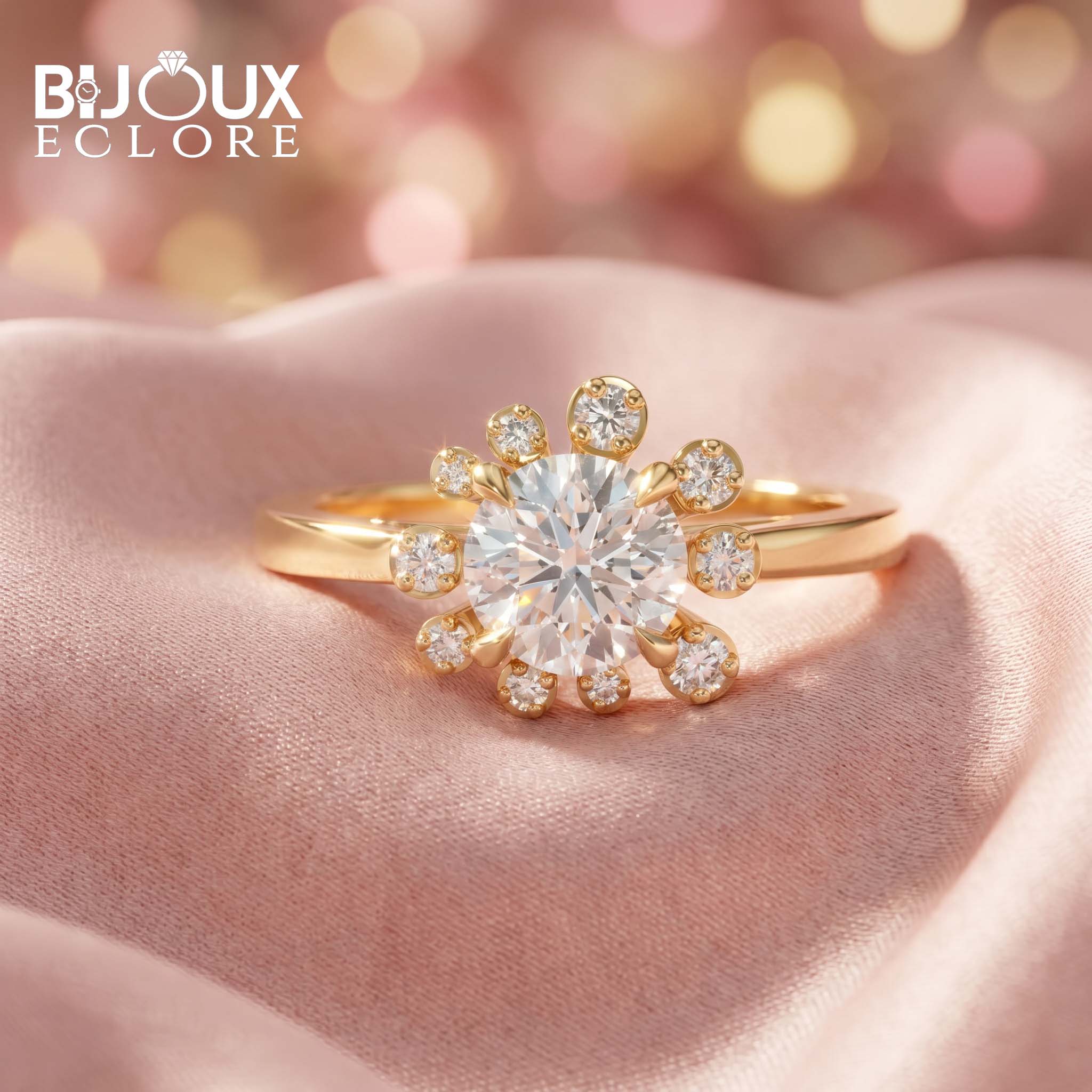 The Aurelia Bloom Diamond Ring with Floral Crown Halo in Radiant Yellow Gold - Bijoux Eclore