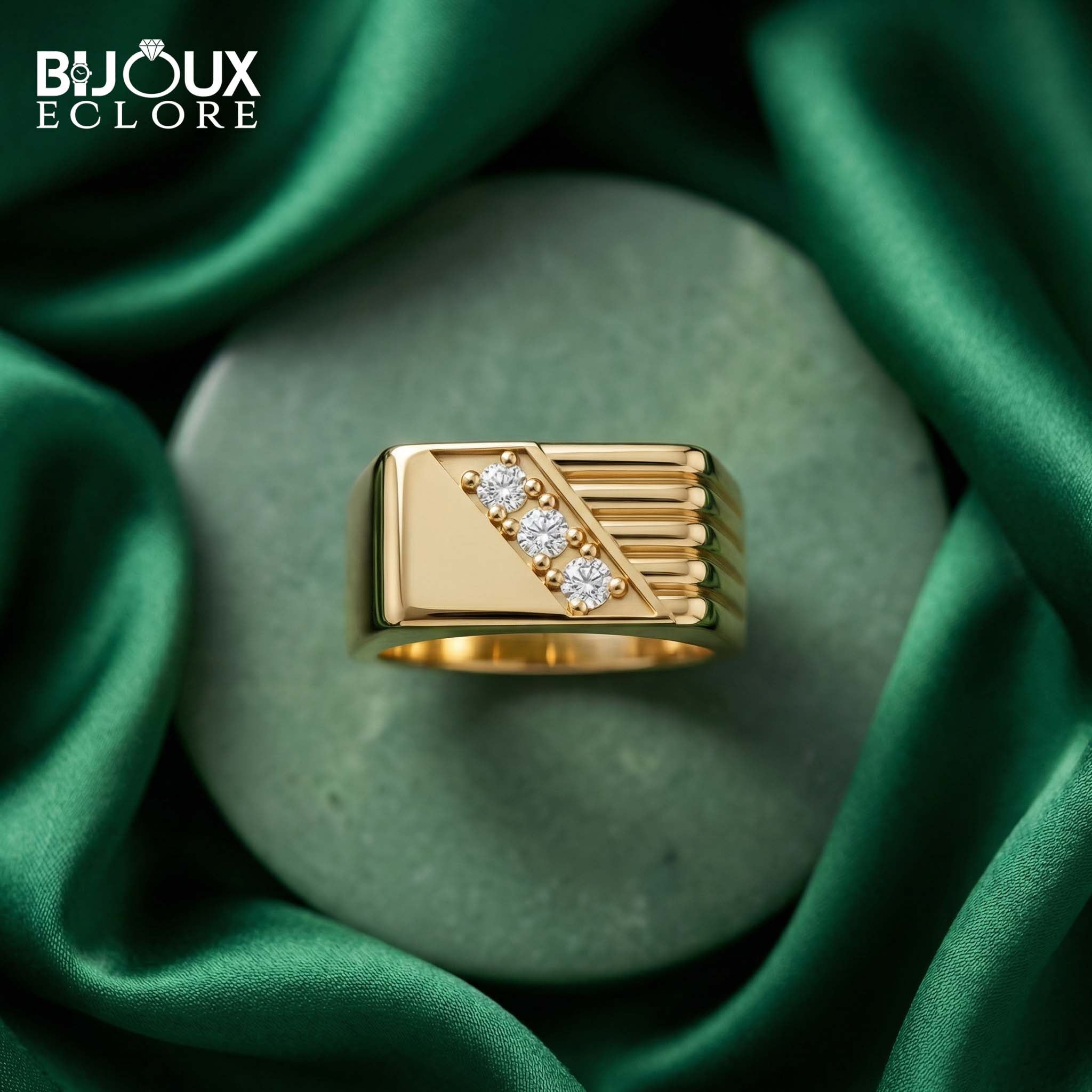 Luxury Geometric Signet Ring with Triple Diamond Accents in Polished Gold - Bijoux Eclore