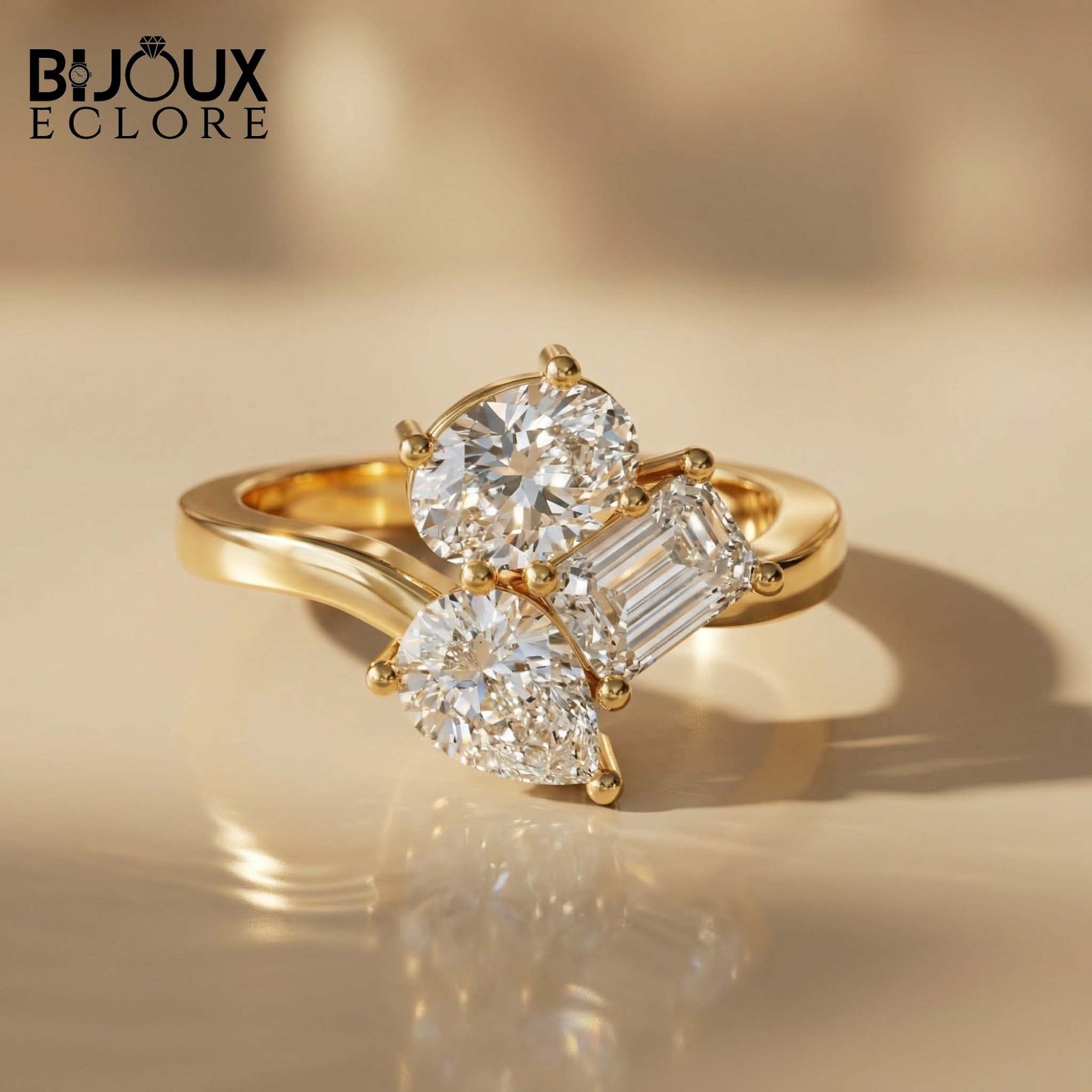 hree Diamond Cluster Ring with Round Brilliant, Pear and Emerald Cut Diamonds in Yellow Gold Ring - Bijoux Eclore