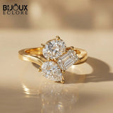 hree Diamond Cluster Ring with Round Brilliant, Pear and Emerald Cut Diamonds in Yellow Gold Ring - Bijoux Eclore