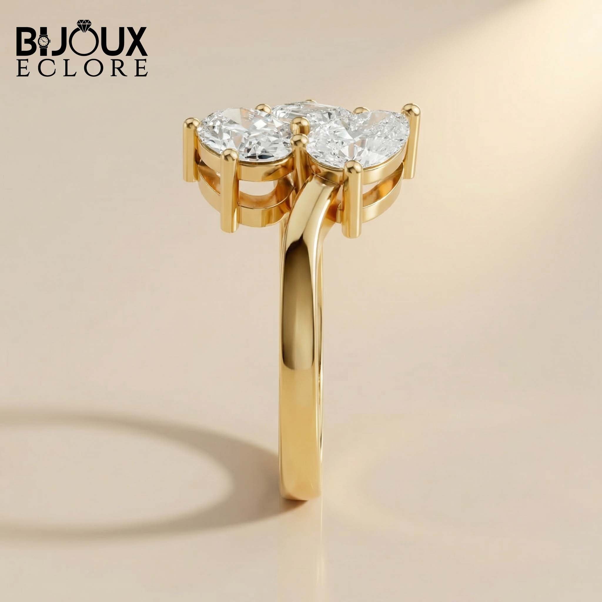 hree Diamond Cluster Ring with Round Brilliant, Pear and Emerald Cut Diamonds in Yellow Gold Ring - Bijoux Eclore