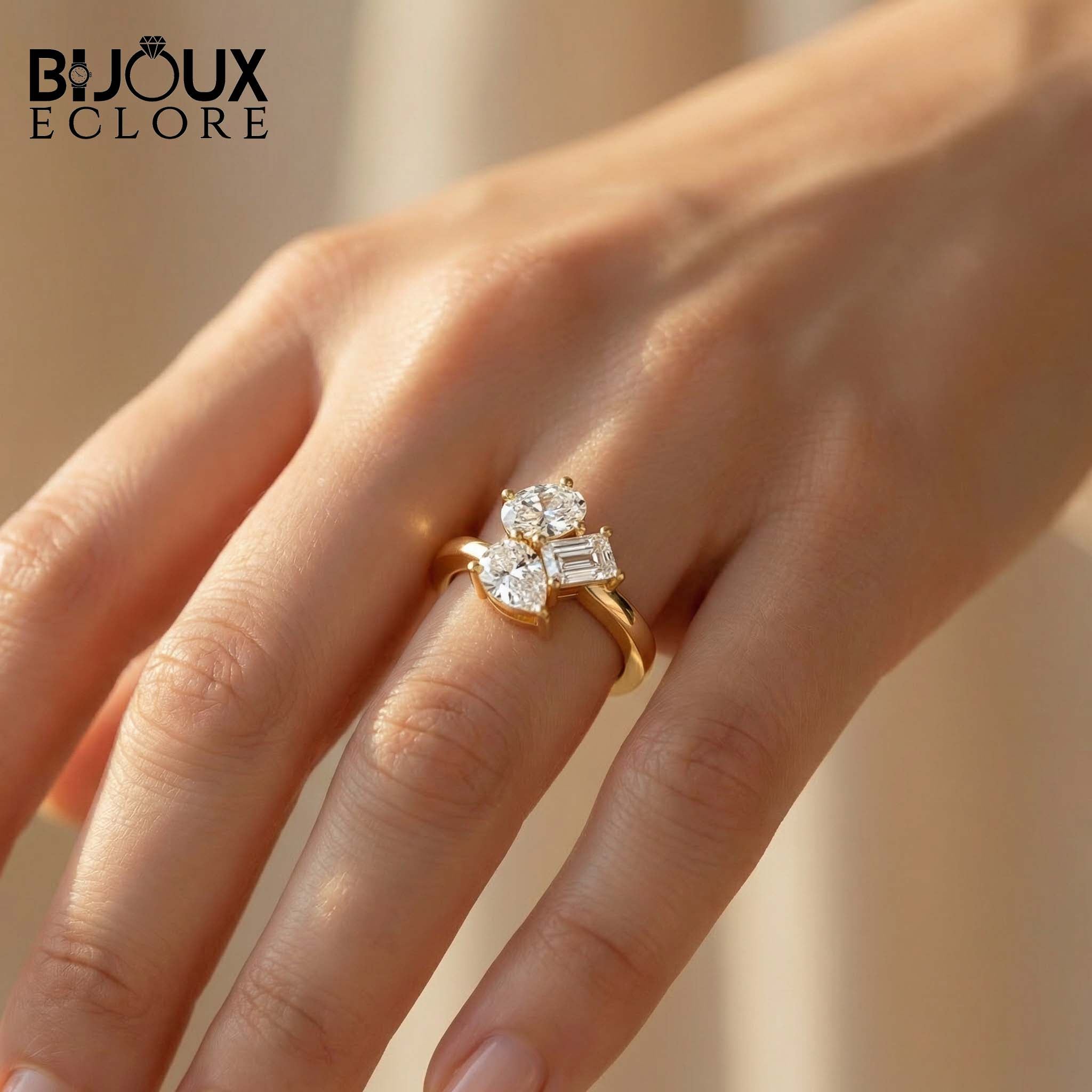 hree Diamond Cluster Ring with Round Brilliant, Pear and Emerald Cut Diamonds in Yellow Gold Ring - Bijoux Eclore