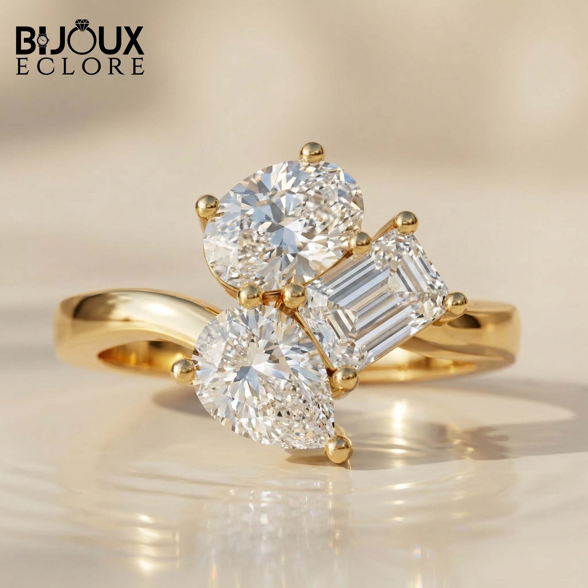 hree Diamond Cluster Ring with Round Brilliant, Pear and Emerald Cut Diamonds in Yellow Gold Ring - Bijoux Eclore