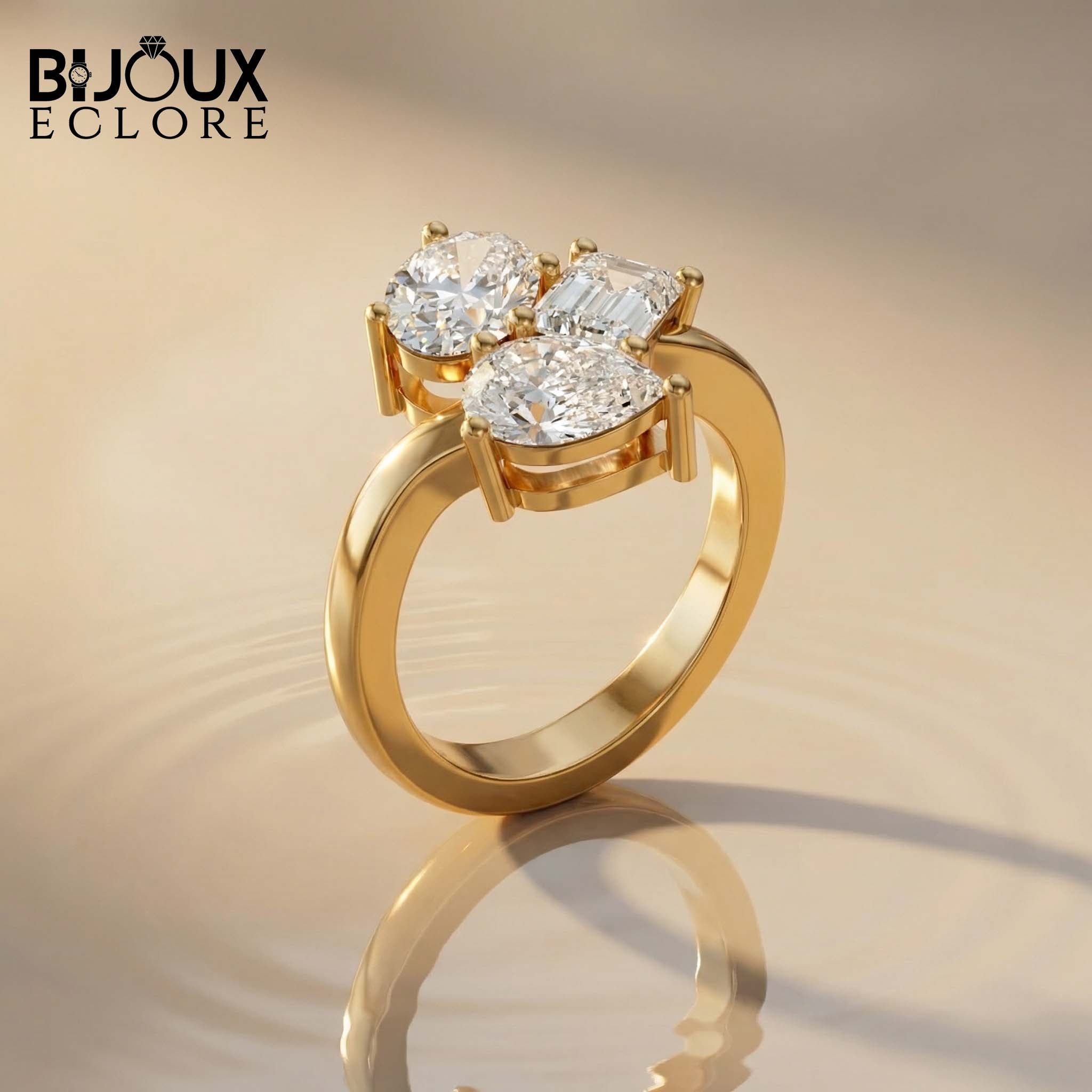hree Diamond Cluster Ring with Round Brilliant, Pear and Emerald Cut Diamonds in Yellow Gold Ring - Bijoux Eclore