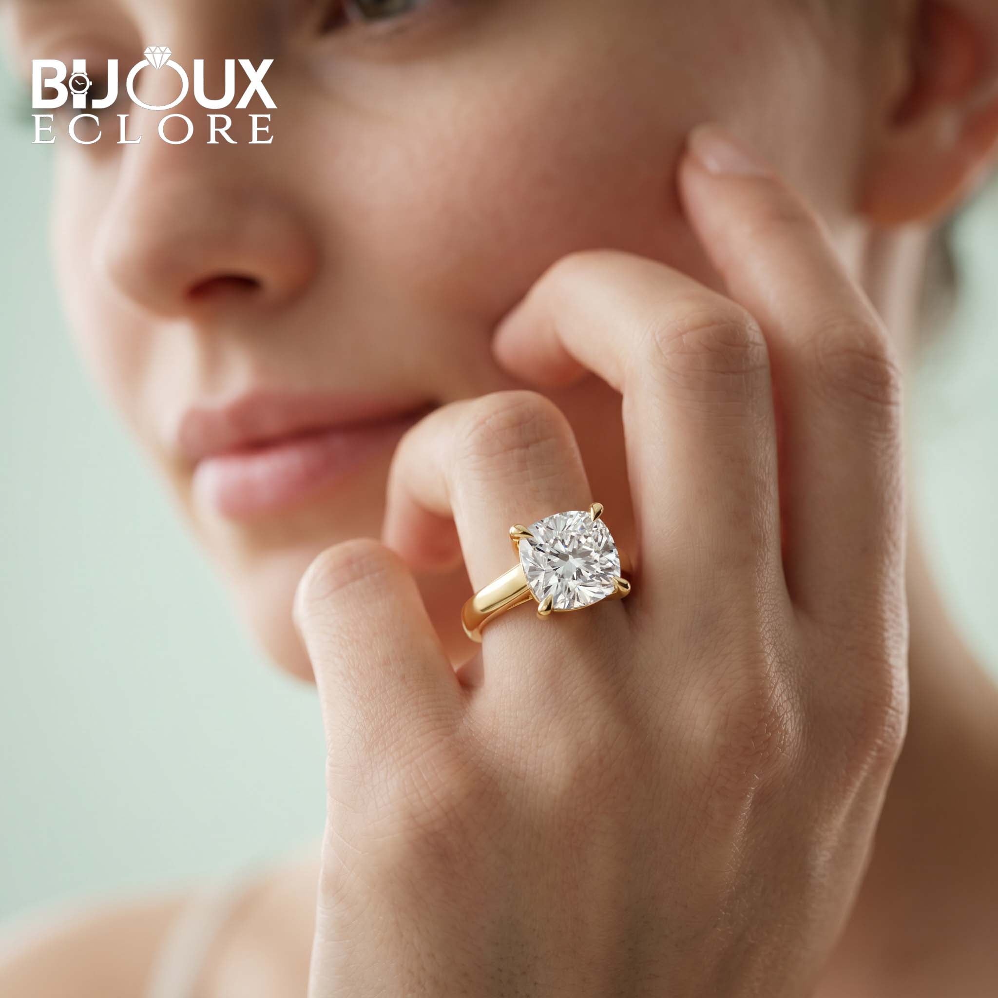 Gold Cushion Solitaire Ring with Four-Prong Setting - Bijoux Eclore