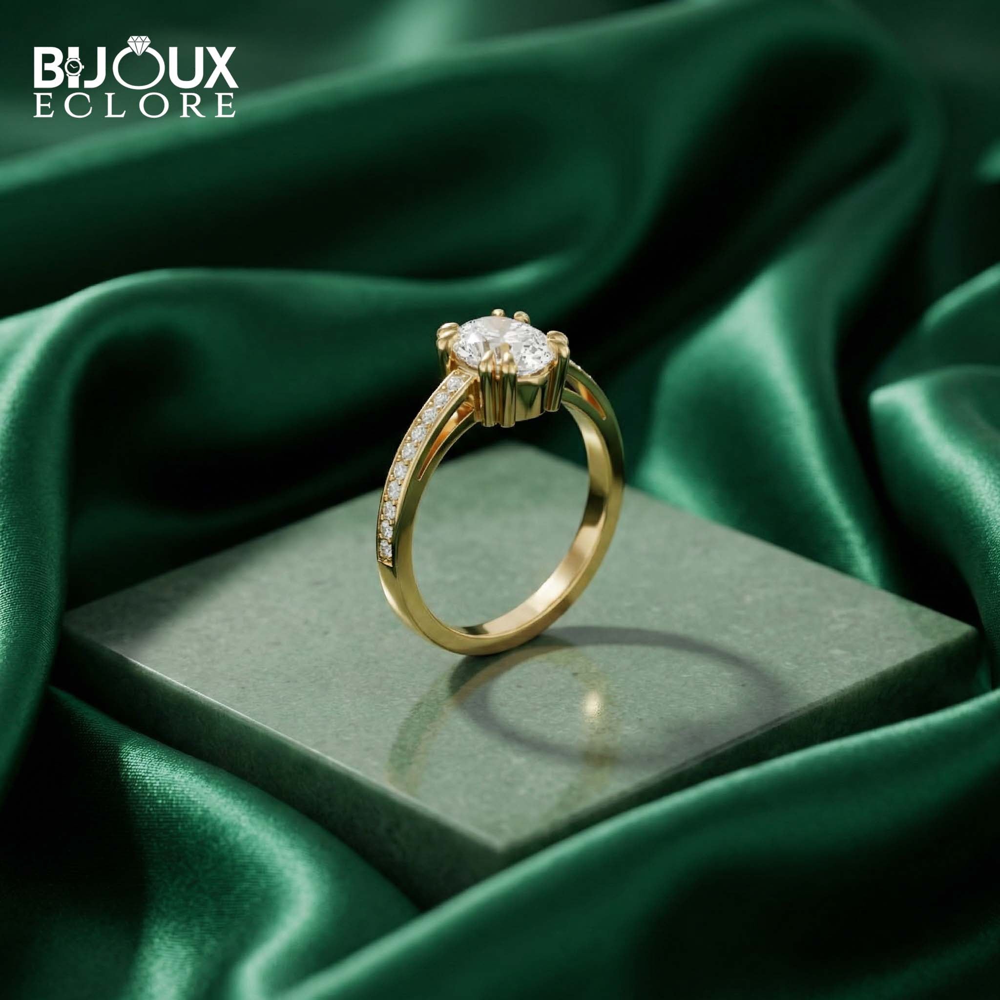 Luxury Fine Gold Ring with Oval Brilliant Diamond and Pavé-Set Band Accents - Bijoux Eclore