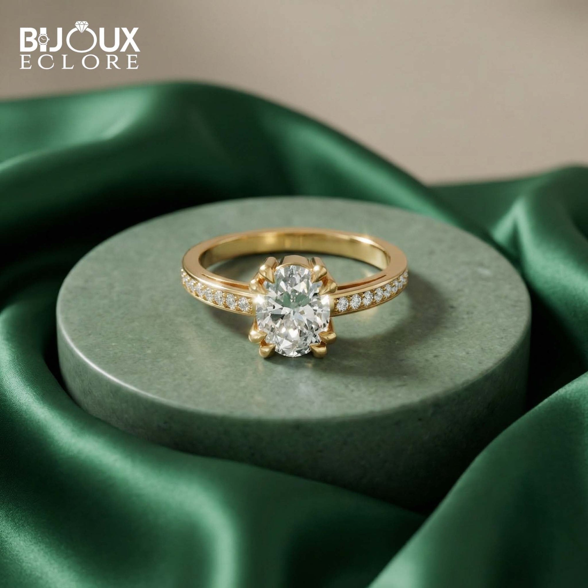 Luxury Fine Gold Ring with Oval Brilliant Diamond and Pavé-Set Band Accents - Bijoux Eclore