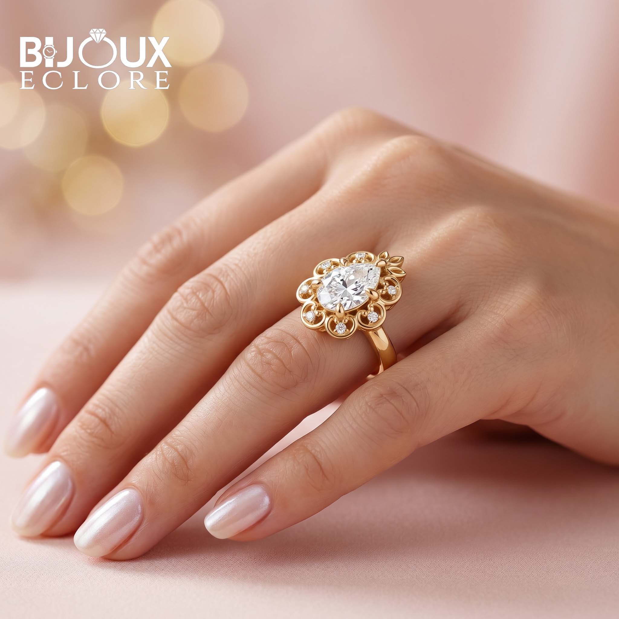 Maison Éclat Crown Halo Diamond Ring with Sculpted Floral Gold Setting - Bijoux Eclore