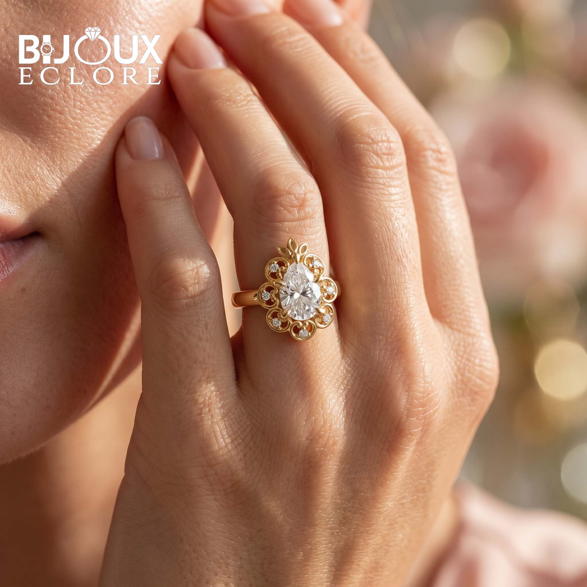 Maison Éclat Crown Halo Diamond Ring with Sculpted Floral Gold Setting - Bijoux Eclore