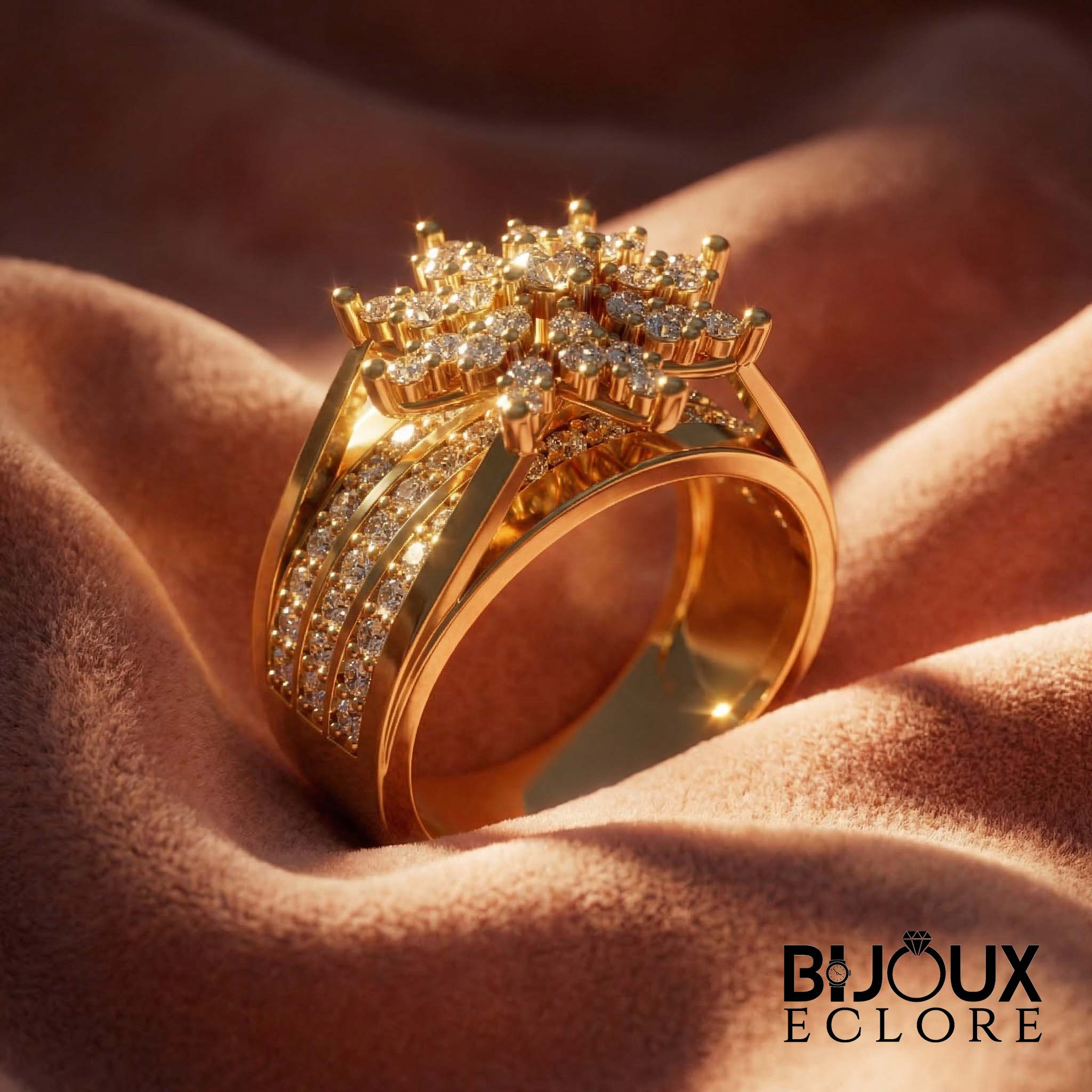 Elegant Gold Starburst Diamond Ring with Wide Multi Band Design and Sparkling Floral Cluster Top - Bijoux Eclore