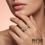 Elegant Gold Starburst Diamond Ring with Wide Multi Band Design and Sparkling Floral Cluster Top - Bijoux Eclore
