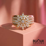 Elegant Gold Starburst Diamond Ring with Wide Multi Band Design and Sparkling Floral Cluster Top - Bijoux Eclore
