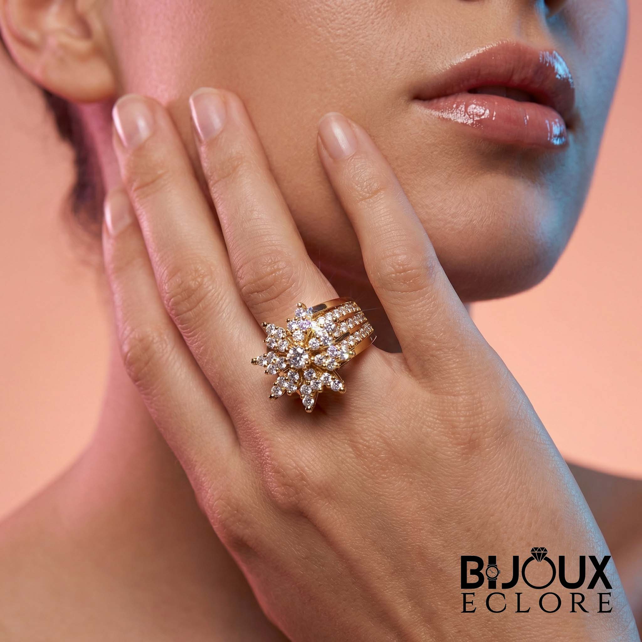 Elegant Gold Starburst Diamond Ring with Wide Multi Band Design and Sparkling Floral Cluster Top - Bijoux Eclore