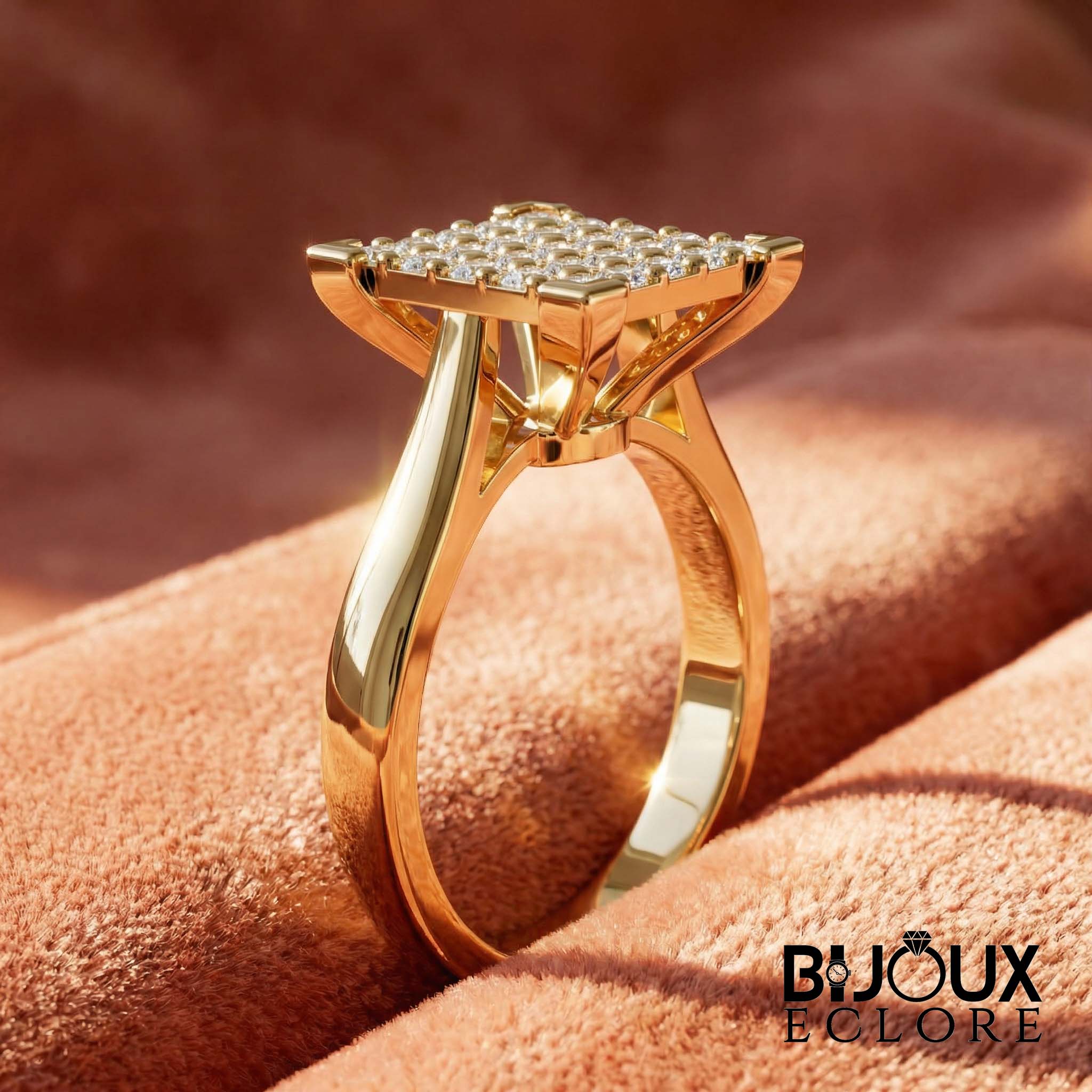 Premium Gold Square Shaped Diamond Ring with Pave Cluster Top Elegant Fashion - Bijoux Eclore