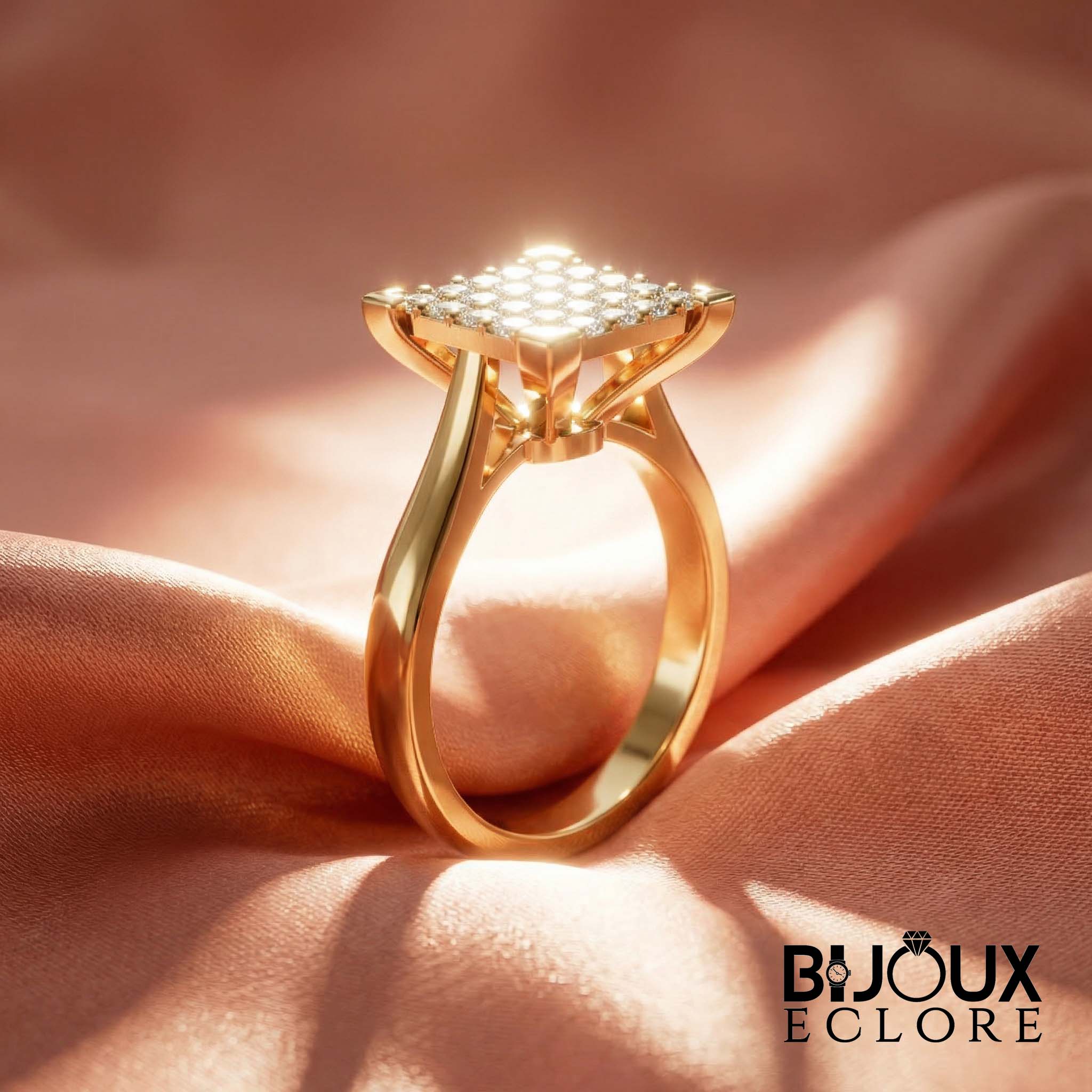 Premium Gold Square Shaped Diamond Ring with Pave Cluster Top Elegant Fashion - Bijoux Eclore