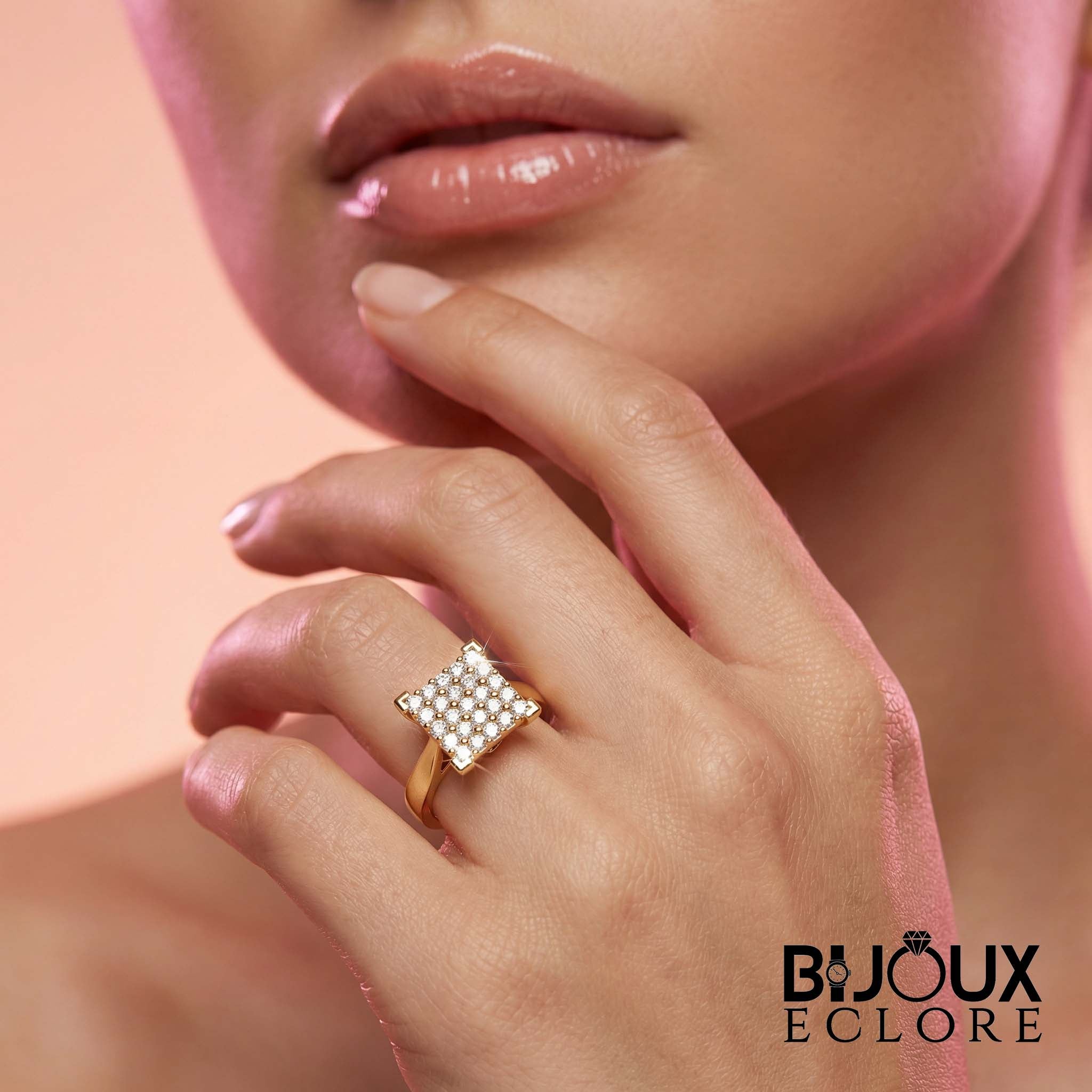 Premium Gold Square Shaped Diamond Ring with Pave Cluster Top Elegant Fashion - Bijoux Eclore
