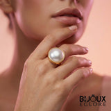Modern Gold Pearl Cocktail Ring with Sculptural Bezel Setting and Timeless Elegant Appeal - Bijoux Eclore