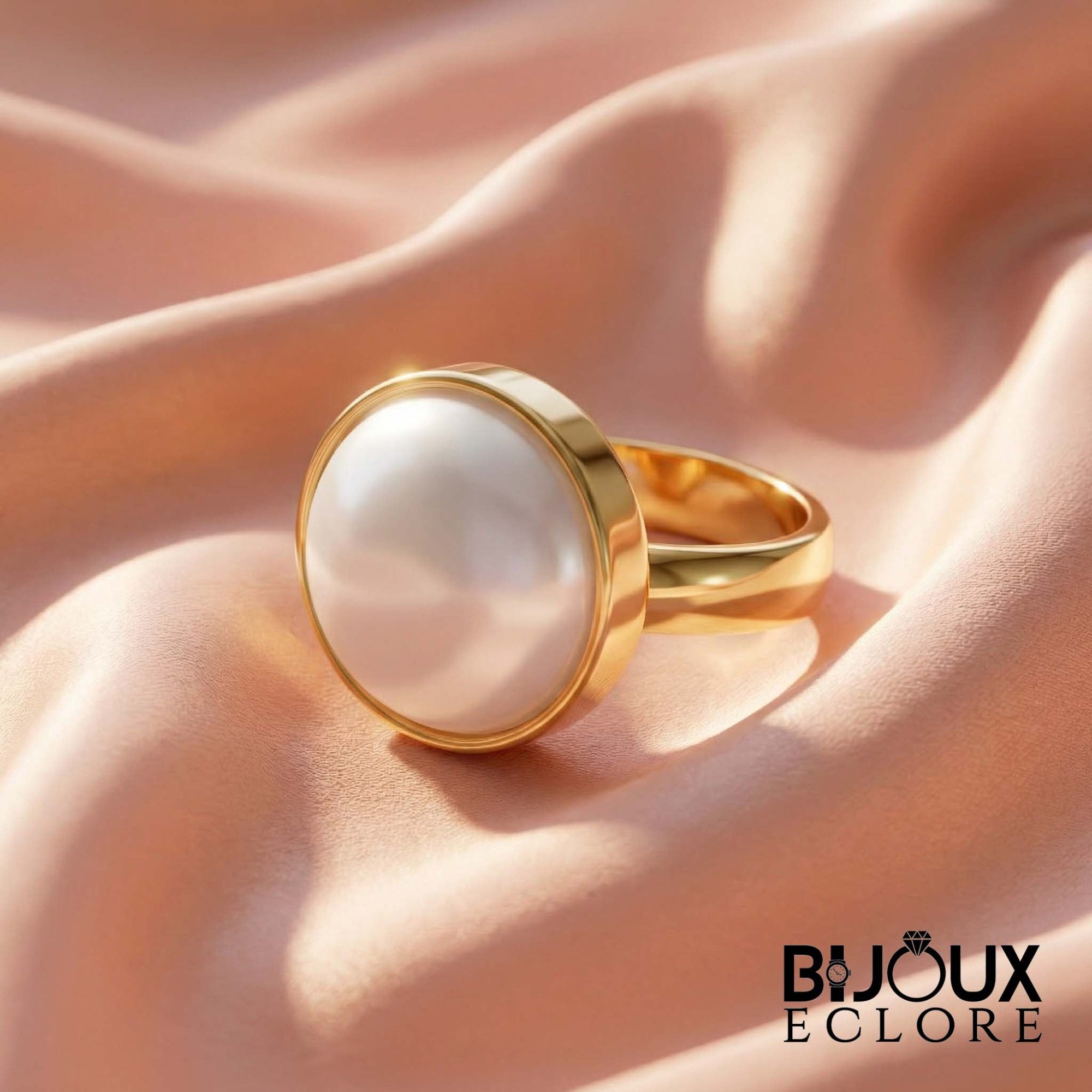 Modern Gold Pearl Cocktail Ring with Sculptural Bezel Setting and Timeless Elegant Appeal - Bijoux Eclore