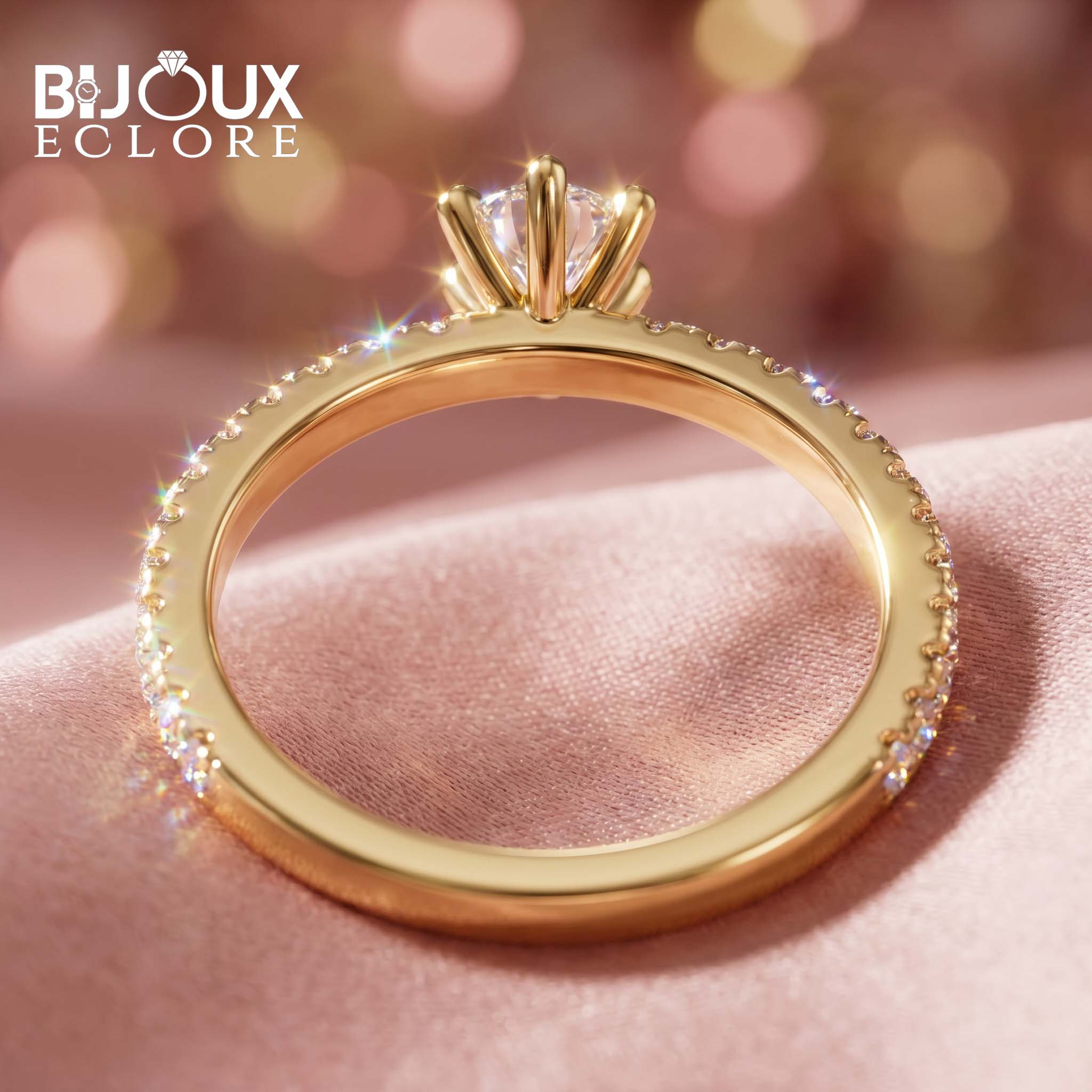 Celeste Amour Round Diamond Engagement Ring with Luxury Yellow Gold Pavé Band - Bijoux Eclore