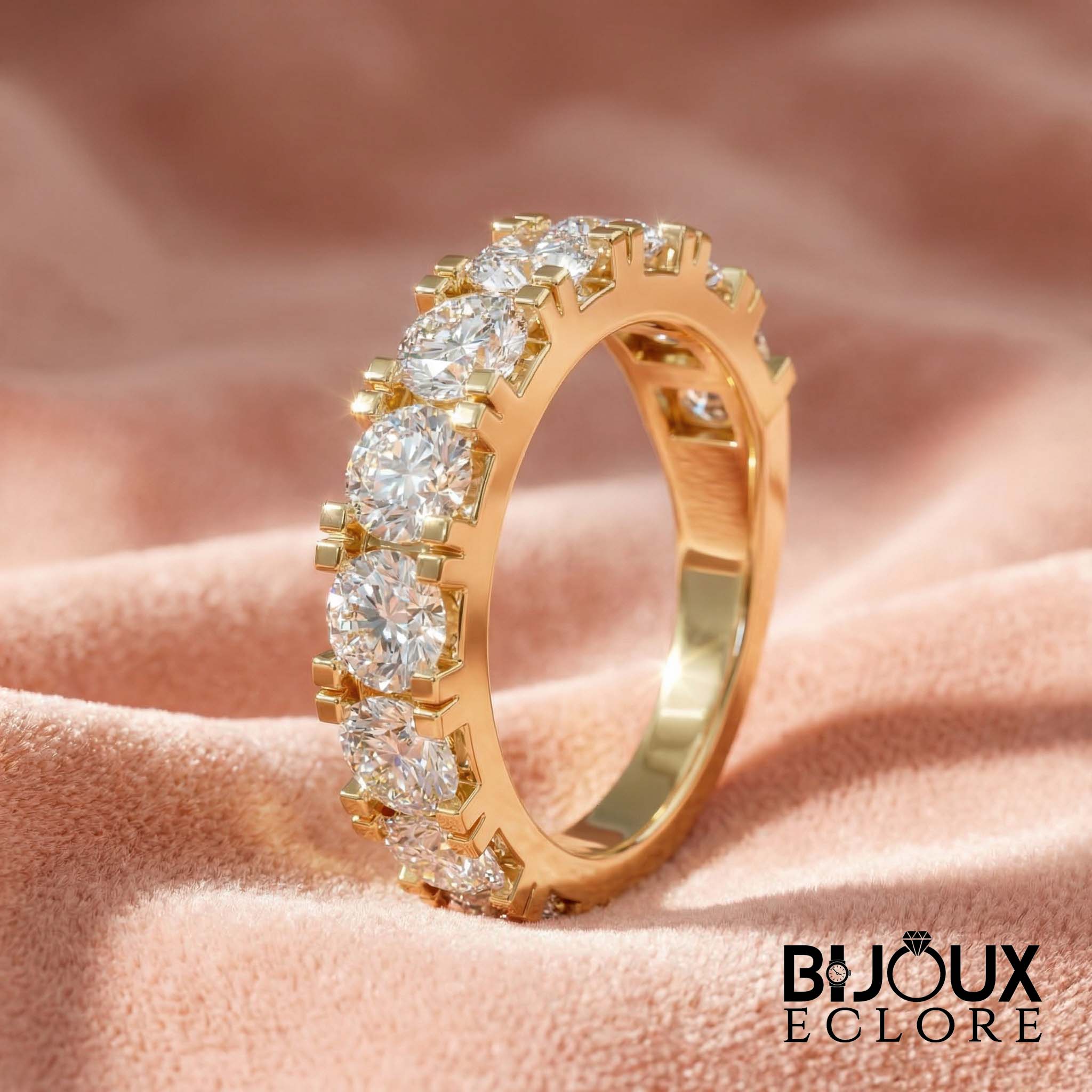 Elegant Gold Diamond Wedding Band with Graduated Round Stones and Contemporary Half Eternity Design - Bijoux Eclore