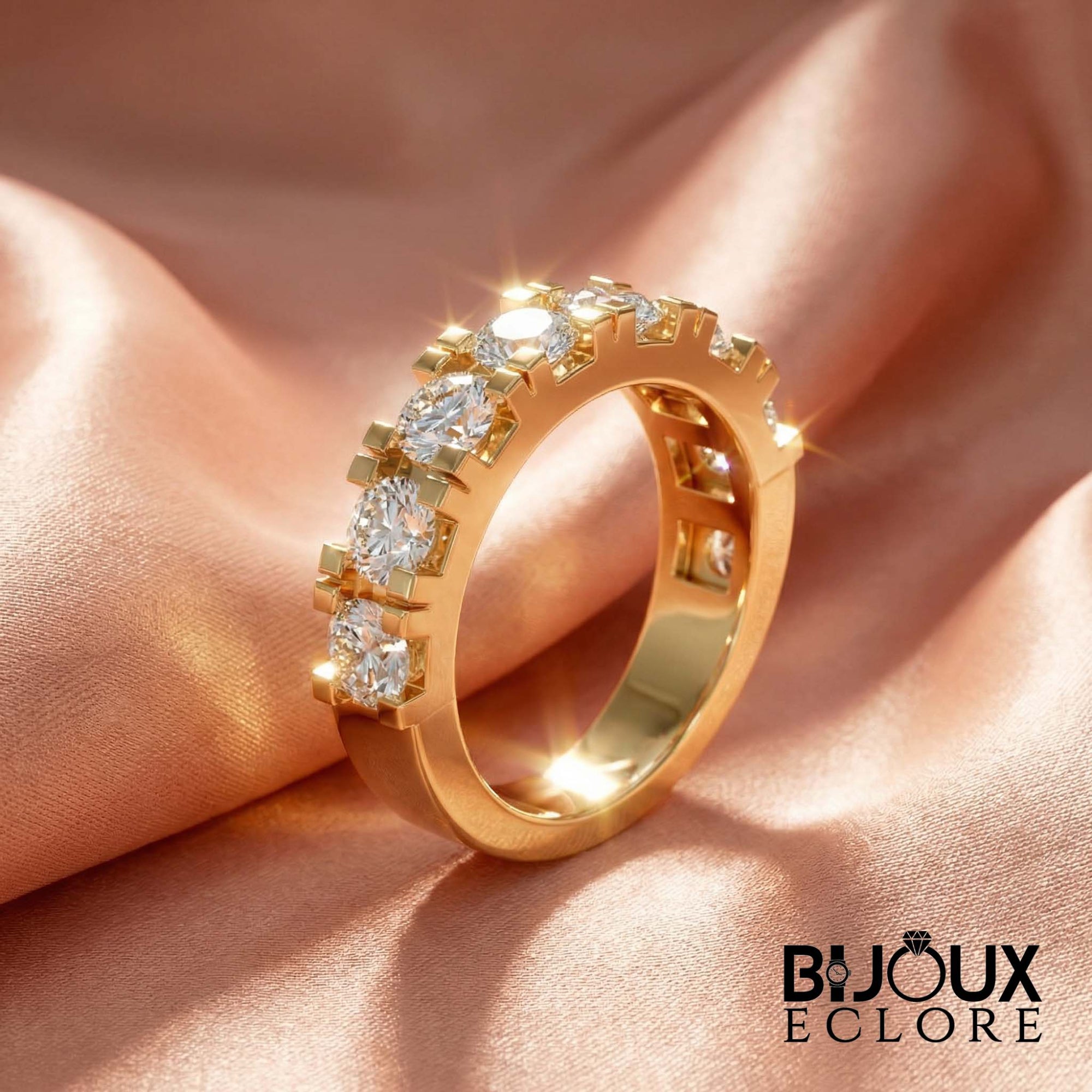 Elegant Gold Diamond Wedding Band with Graduated Round Stones and Contemporary Half Eternity Design - Bijoux Eclore