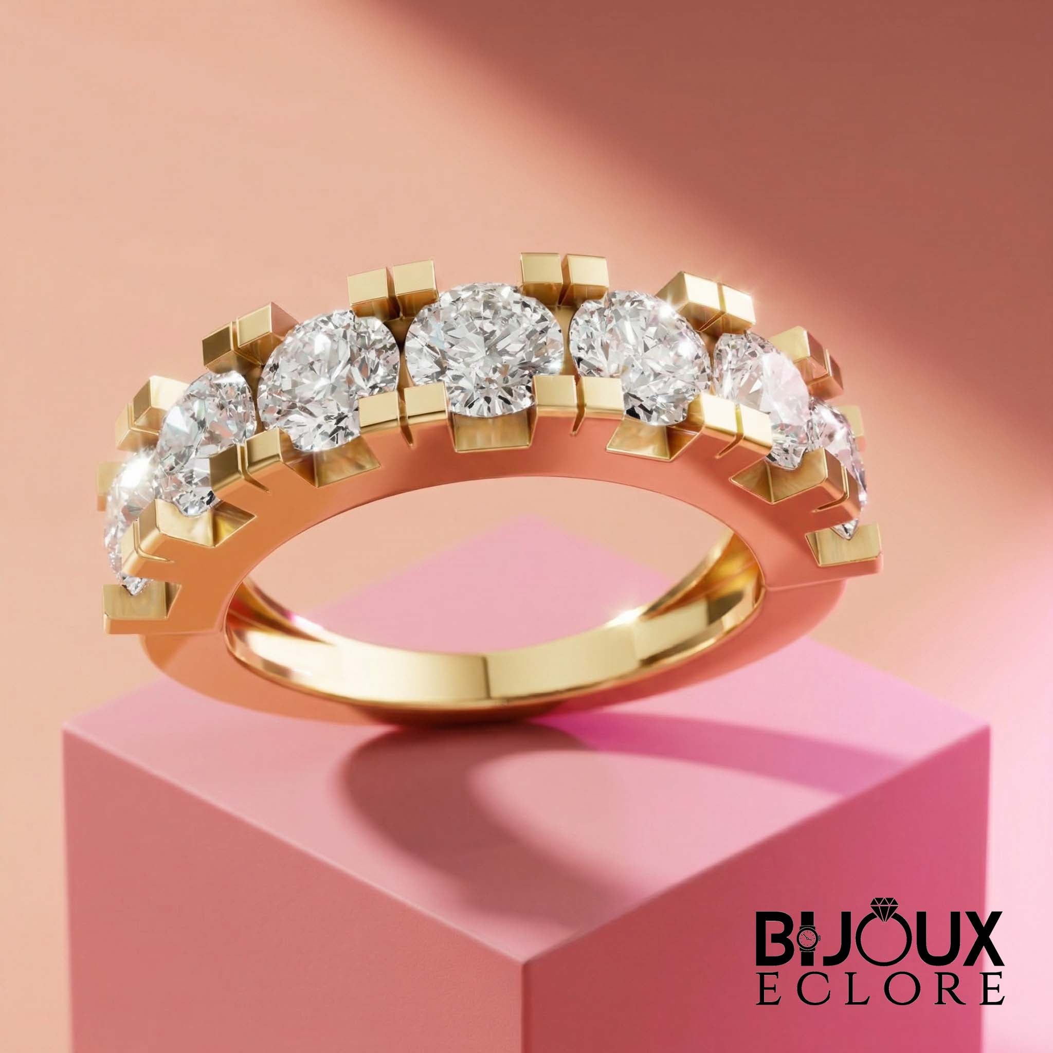 Elegant Gold Diamond Wedding Band with Graduated Round Stones and Contemporary Half Eternity Design - Bijoux Eclore