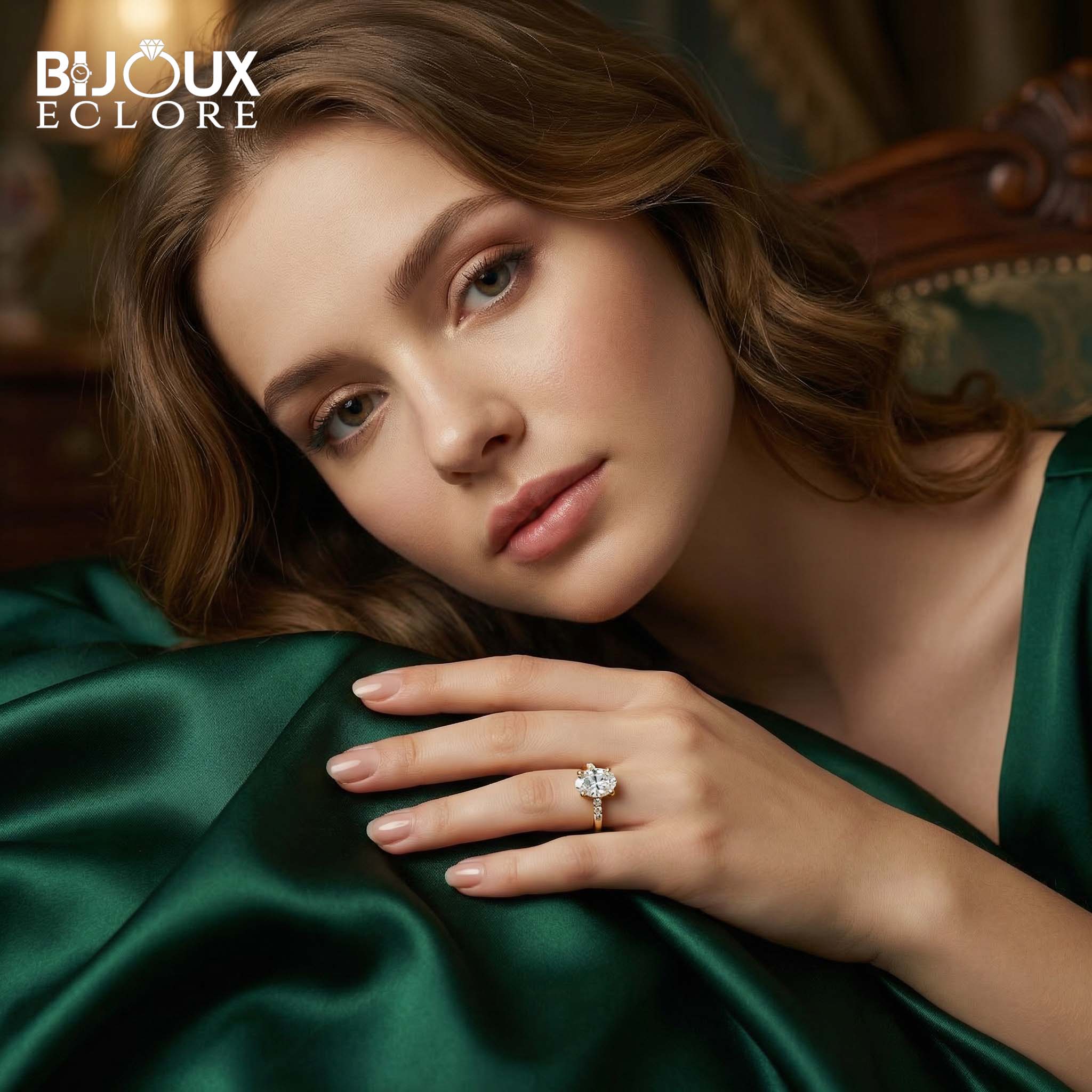 Designer-Inspired Oval Cut Diamond Ring with Refined Gold Band and Side Accents - Bijoux Eclore