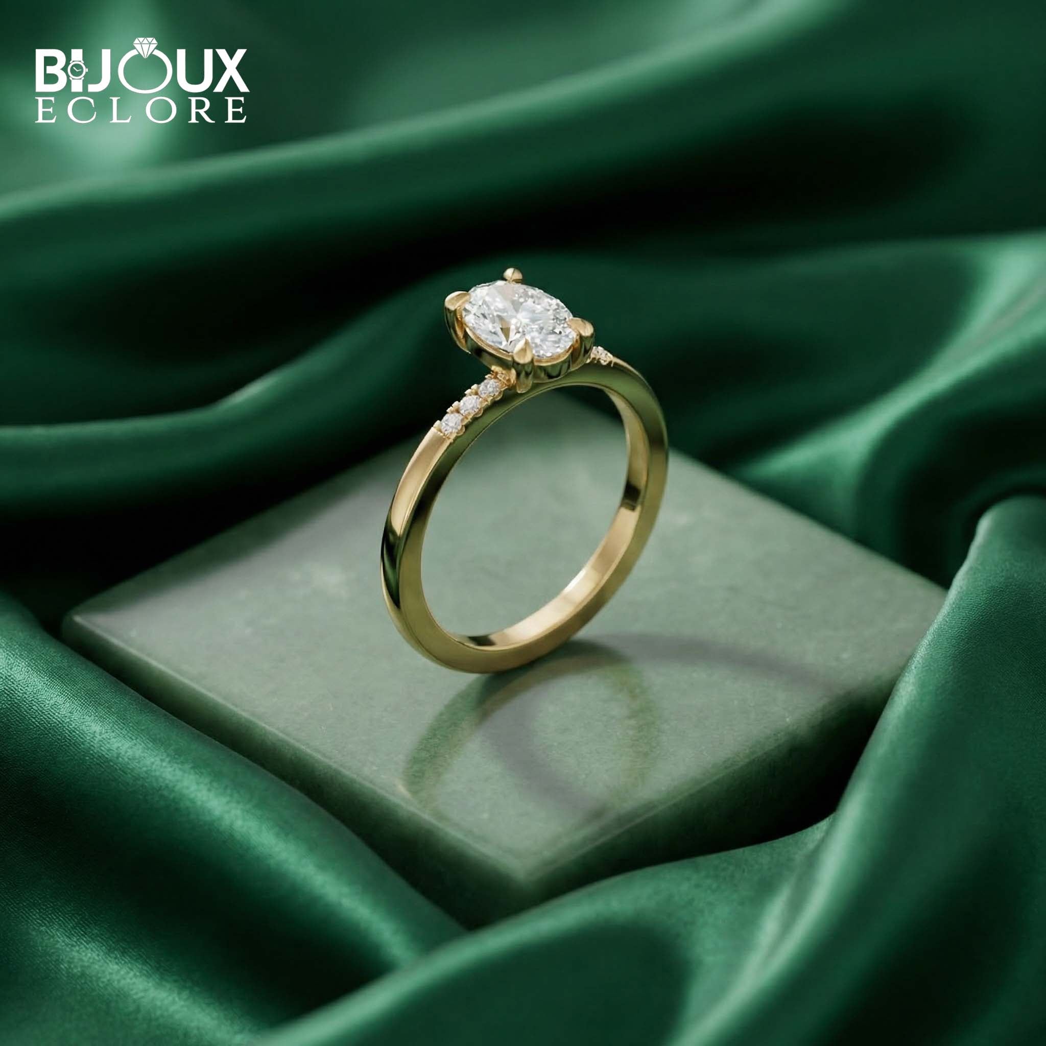 Designer-Inspired Oval Cut Diamond Ring with Refined Gold Band and Side Accents - Bijoux Eclore